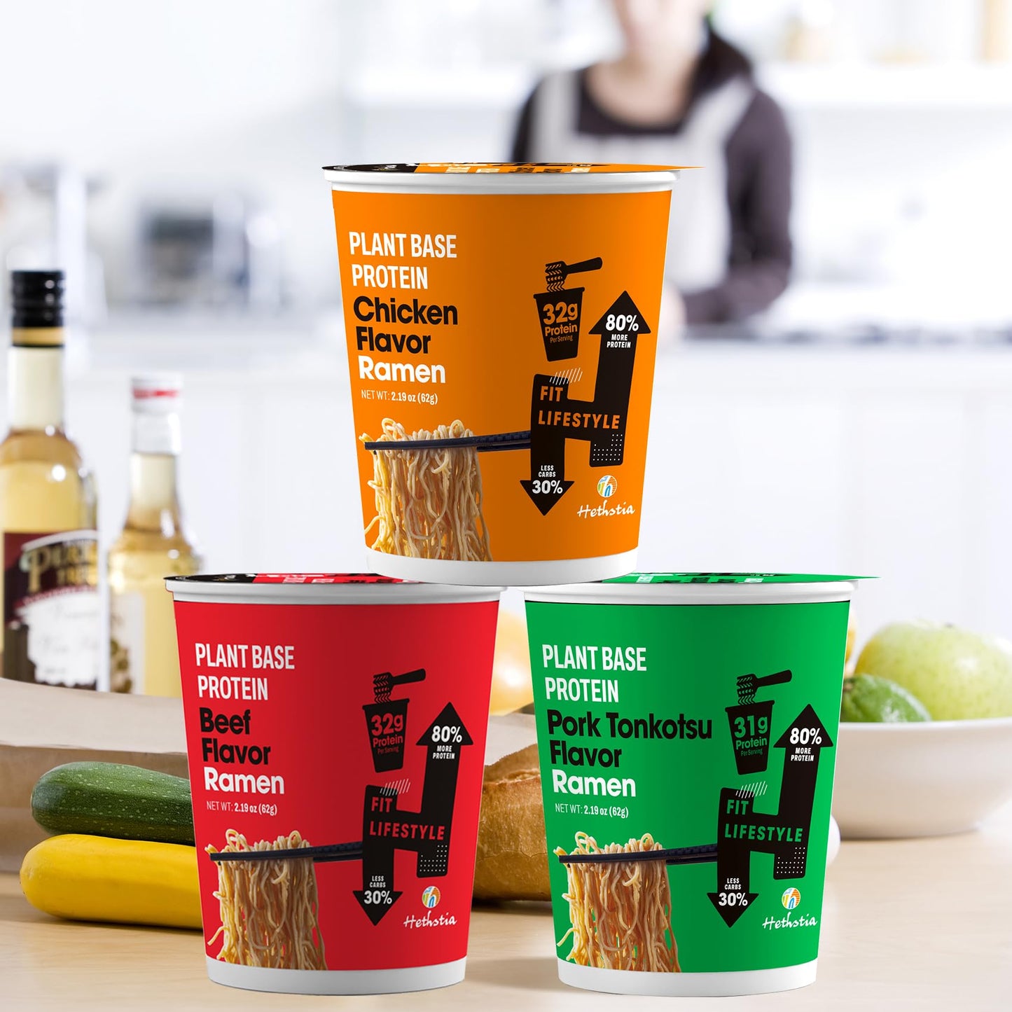 Hethstia Instant Ramen Soup Cup, 6 Pack High-Protein Ramen Noodle Broth Variety Flavor (Chicken, Spicy Beef, Pork Tonkotsu), Pla