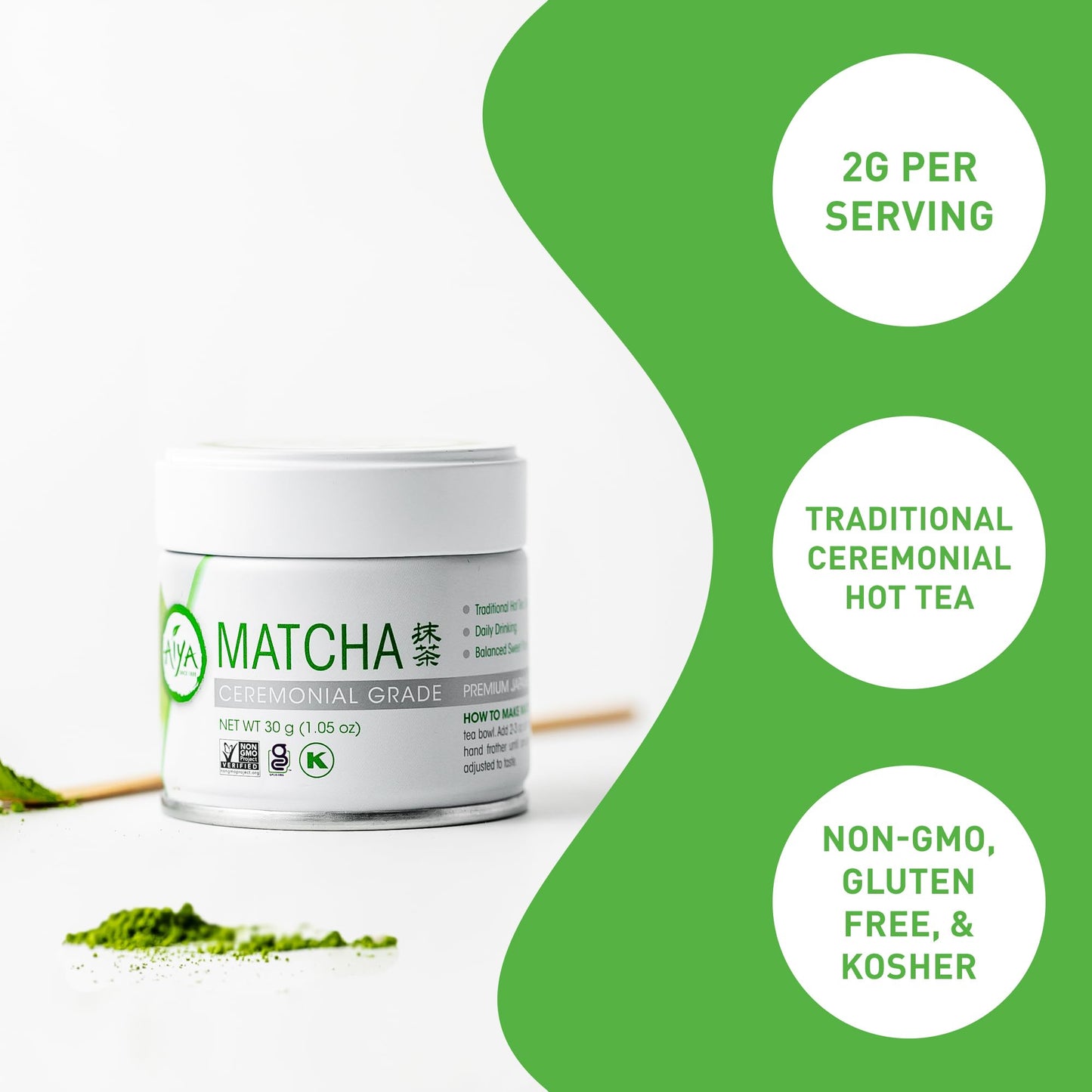 Aiya Authentic Japanese Origin Ceremonial Grade Matcha Green Tea Powder, 30G Tin (1.06 Oz.)
