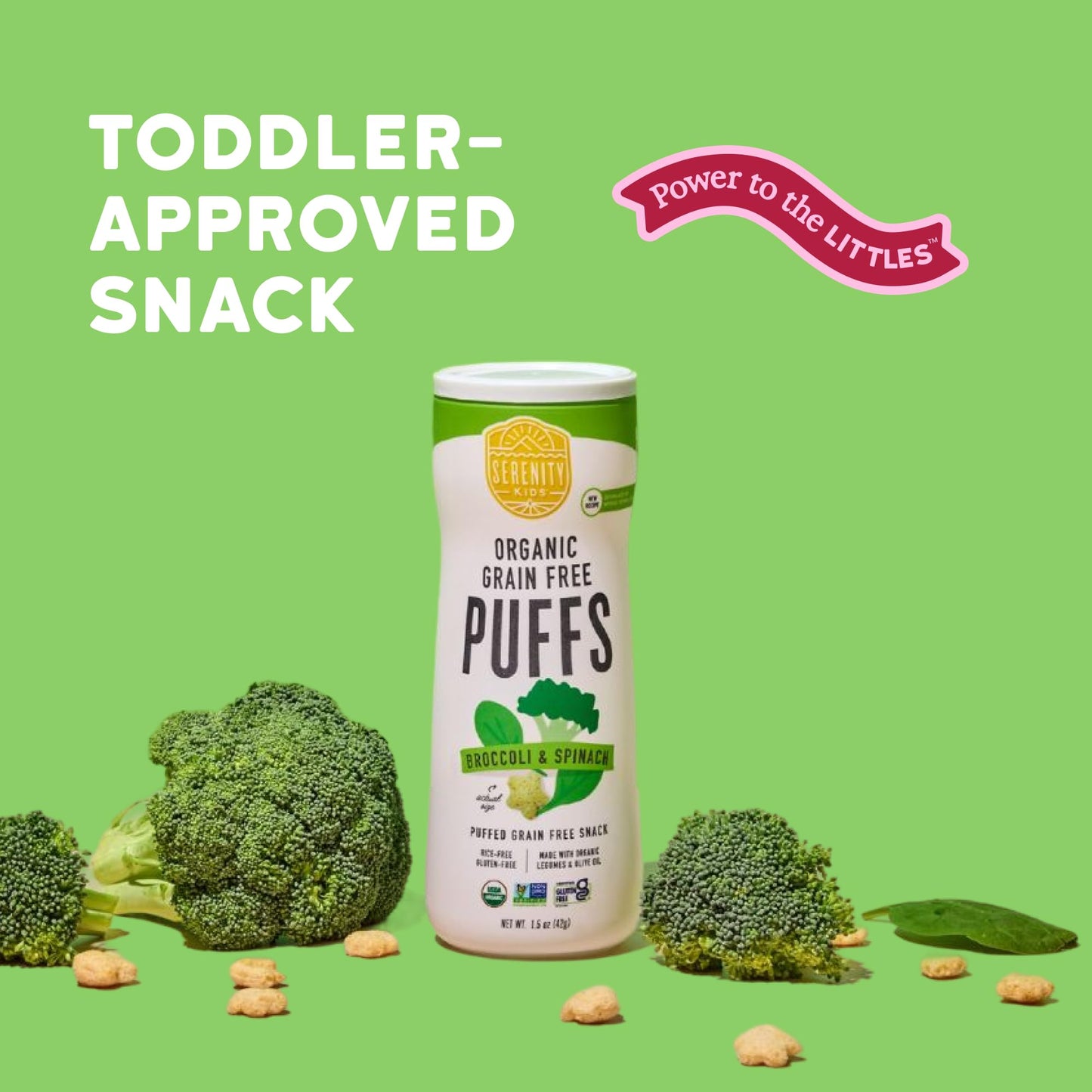 Serenity Kids 6+ Months Grain-Free Allergen-Safe Toddler & Baby Puffs - No Grains, Gluten, Nuts, Rice - Organic Veggies, Legumes, Olive Oil Baby Snacks - 1.5 Ounce, Pack Of 6, Broccoli & Spinach
