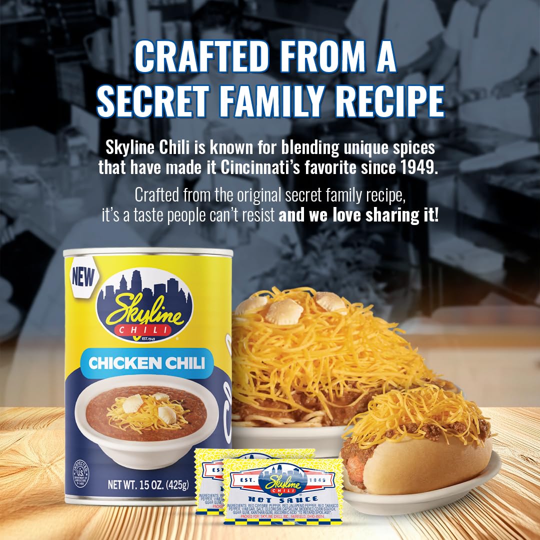 Skyline Chicken Chili Bundle - 4-Pack 15 oz Cans with 8 Packets of Skyline Chili Hot Sauce  Authentic Cincinnati Chili & Spicy Sauce Combo for Coneys  Spaghetti  Nachos & Low Carb Meals