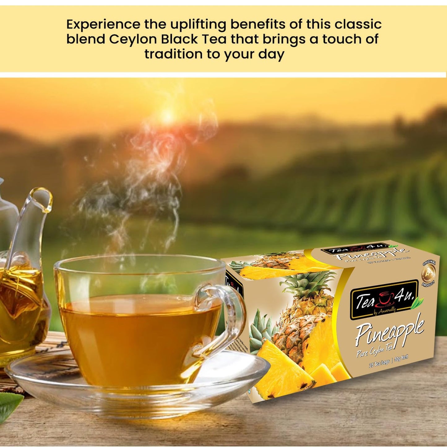 Tea4U Flavored Black Ceylon TeaBags (Pineapple) - Ideal Quality from Sri Lankas Finest Leaves and Expertly Blended - 25 Count