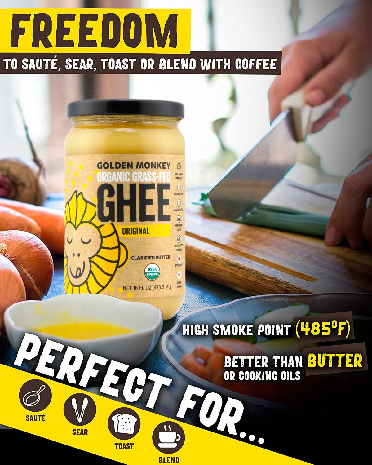 Organic Ghee Butter Grass Fed Clarified - 16 Oz Ghee Butter - Unsalted Butter Certified Organic Ghee Oil - Perfect For Paleo, Ke