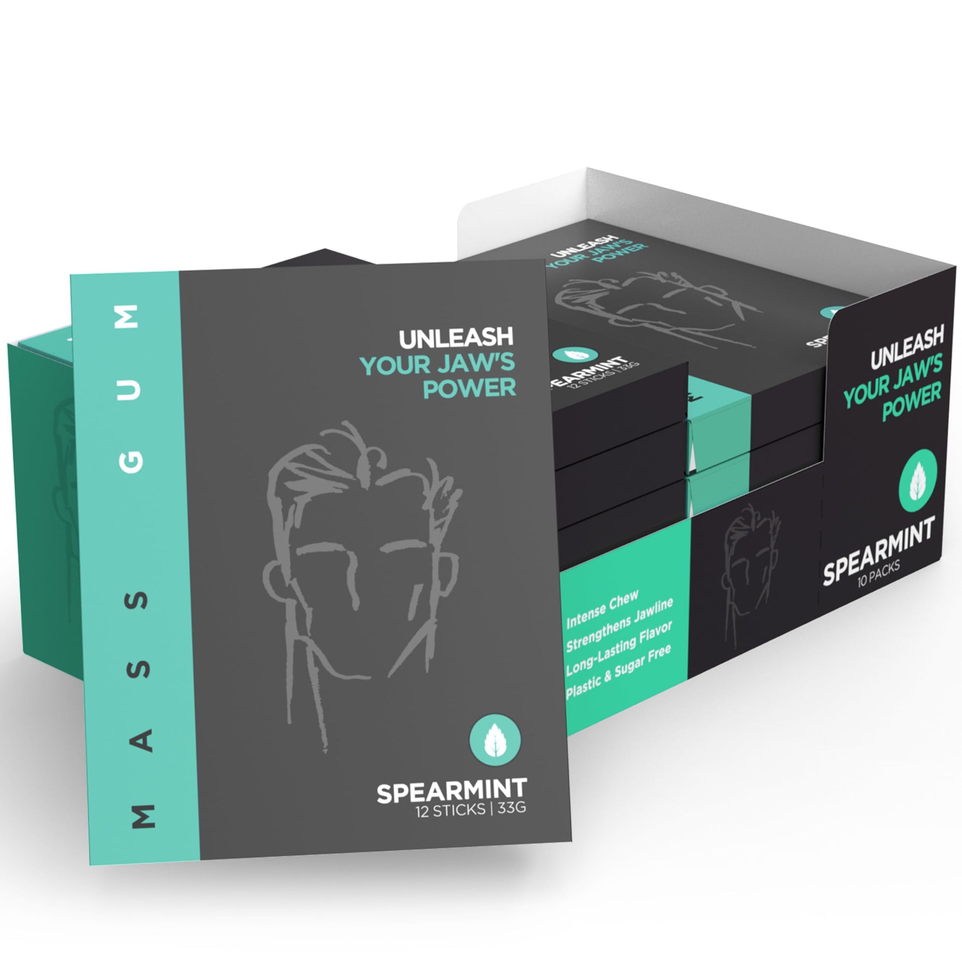 Mass Gum Tough Chewing Gum - Spearmint - Jawline Exerciser - Hard Gum - 10 Packs Of 12 Pieces (120 Total Pieces)