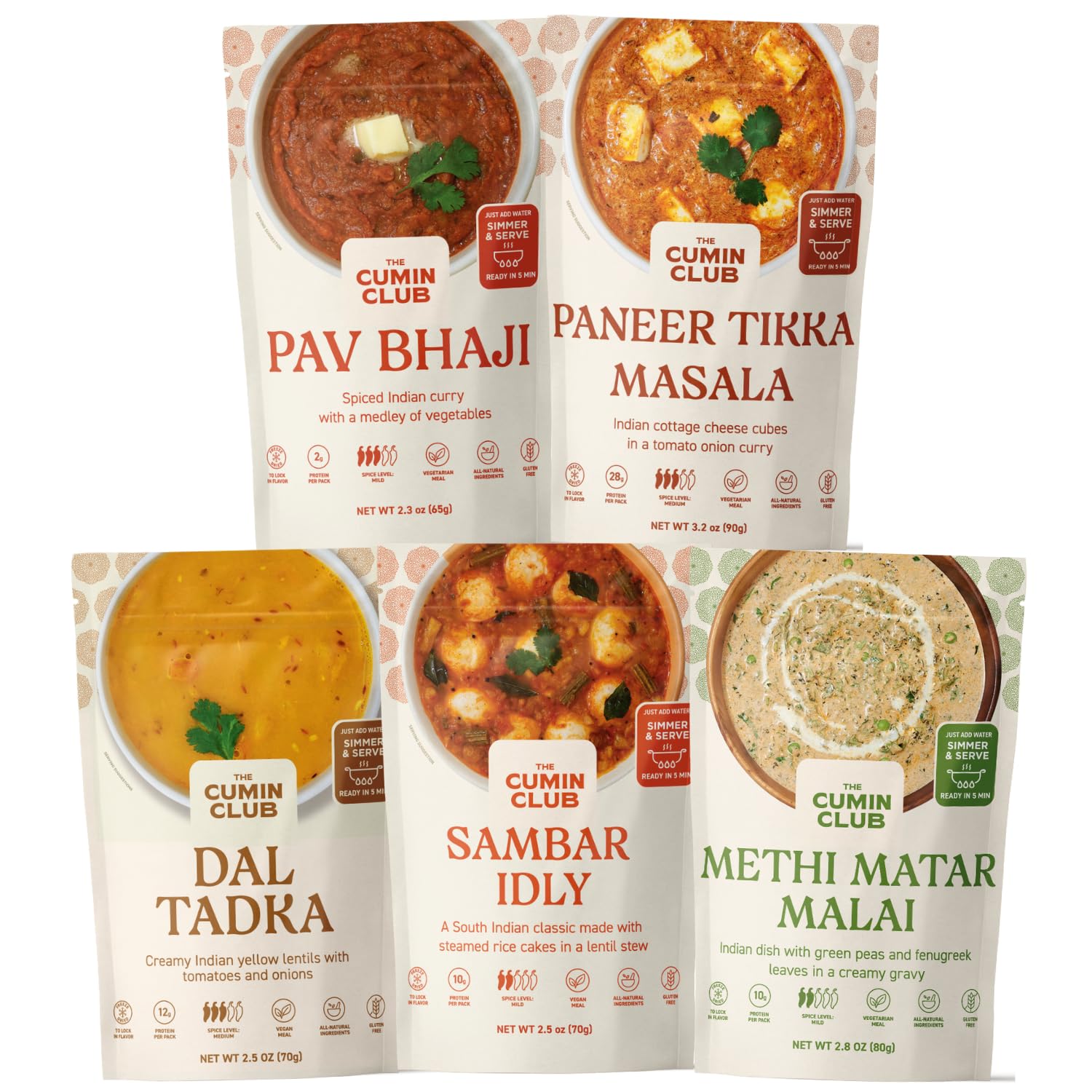 The Cumin Club Variety Pack | 5 Authentic Indian Meals | Ready in 5 Minutes, Just Add Water | All-Natural, No Preservatives | Ve
