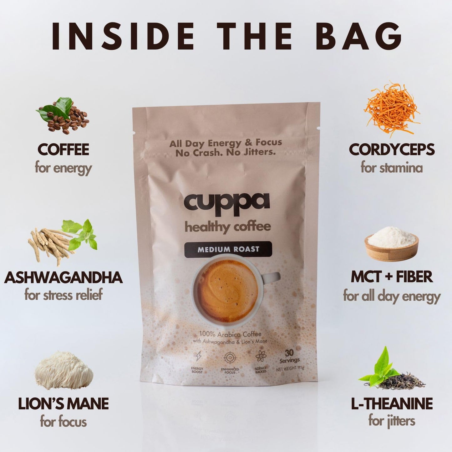 Cuppa Healthy Mushroom Instant Coffee with Lion's Mane & Ashwagandha - 30 Servings, Medium Roast for Energy, Focus & Brain Health