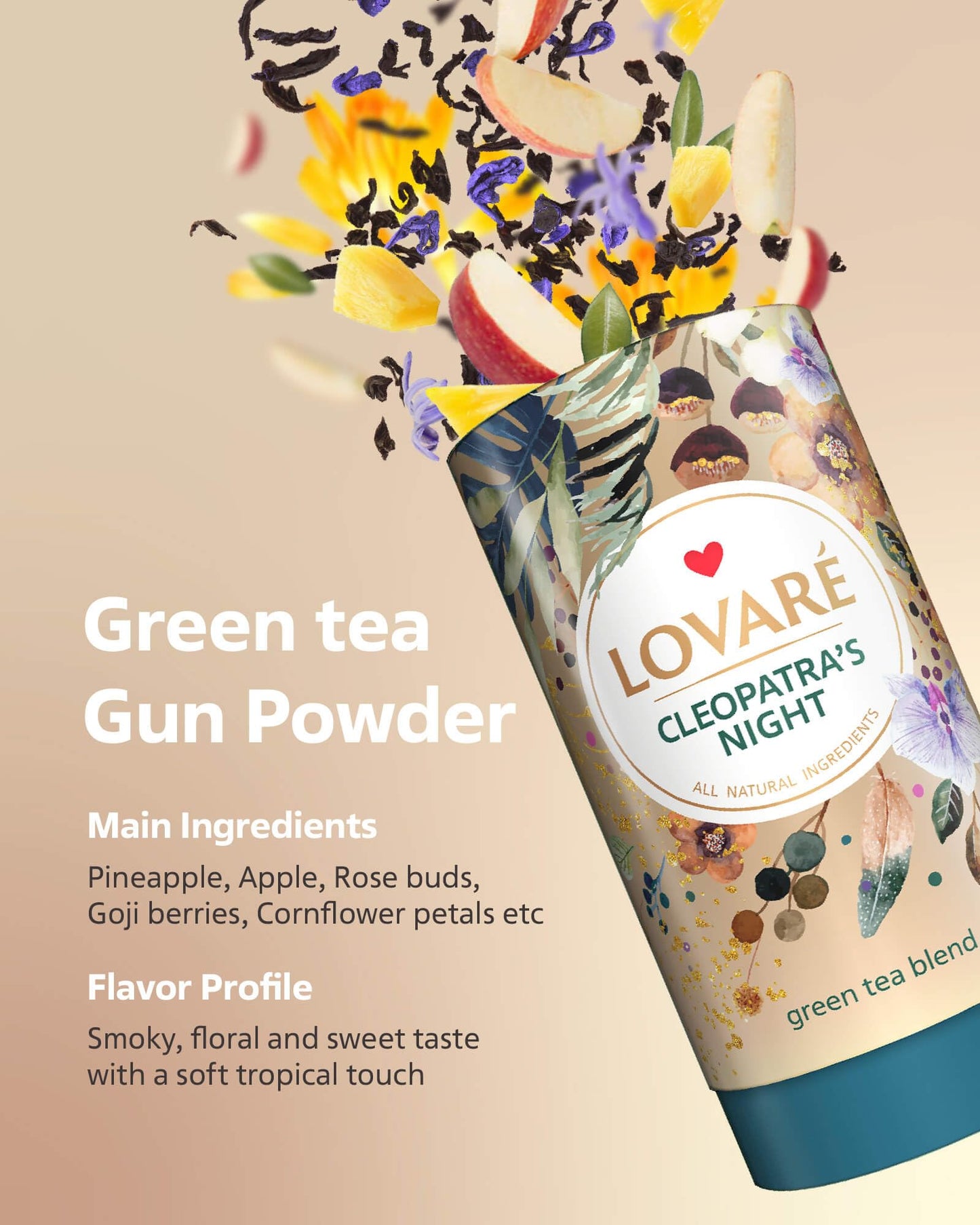 Lovare Cleopatras Night Loose Leaf Tea Sampler 80 G - Made In Ukraine - Green Tea, Pineapple, Apple, Rose Buds And Petals, Calen