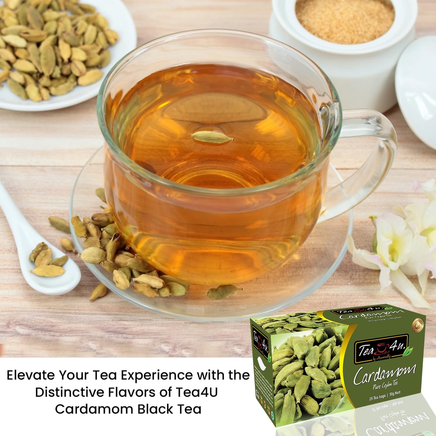 TEA 4U Flavored Black Tea Bags - Original Ceylon Tea with Cardamom, 1 Count (Pack of 25)
