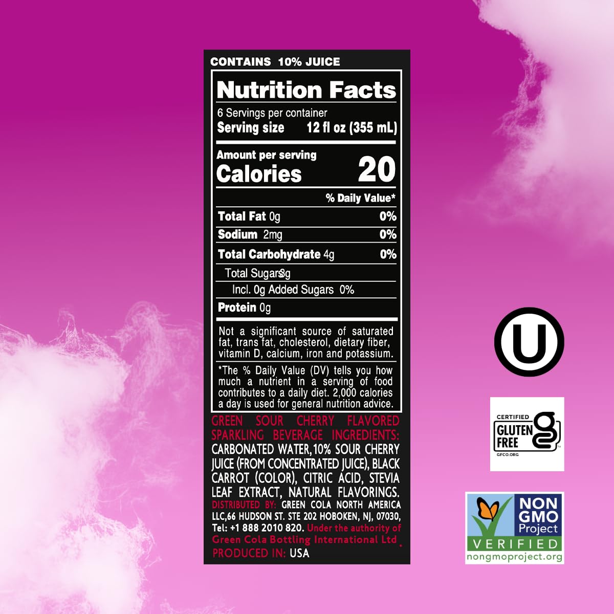 Green Cola Sour Cherry Soda, No Added Sugar, Naturally Sweetened with Stevia, 12 Fl Oz (Pack of 6)