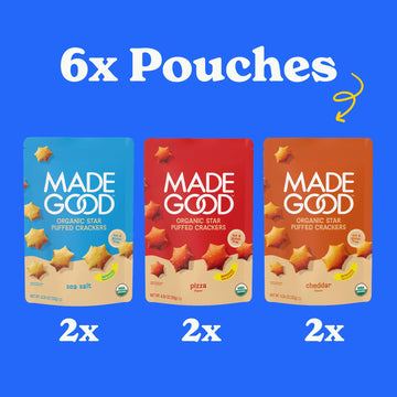 MadeGood Star Puffed Crackers Variety Pack - Sea Salt, Cheddar, and Pizza (6 Bags - 4.26 Oz Each) Gluten Free and Organic, Healt