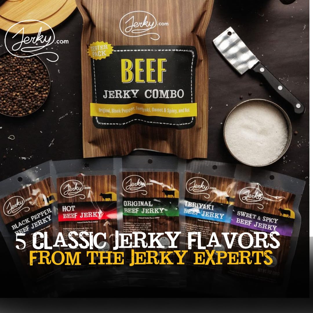 Jerky.Com Beef Jerky Variety Sampler Pack Original, Black Pepper, Teriyaki, Sweet & Spicy, Hot - Flavorful Meat Snack - Made Wit