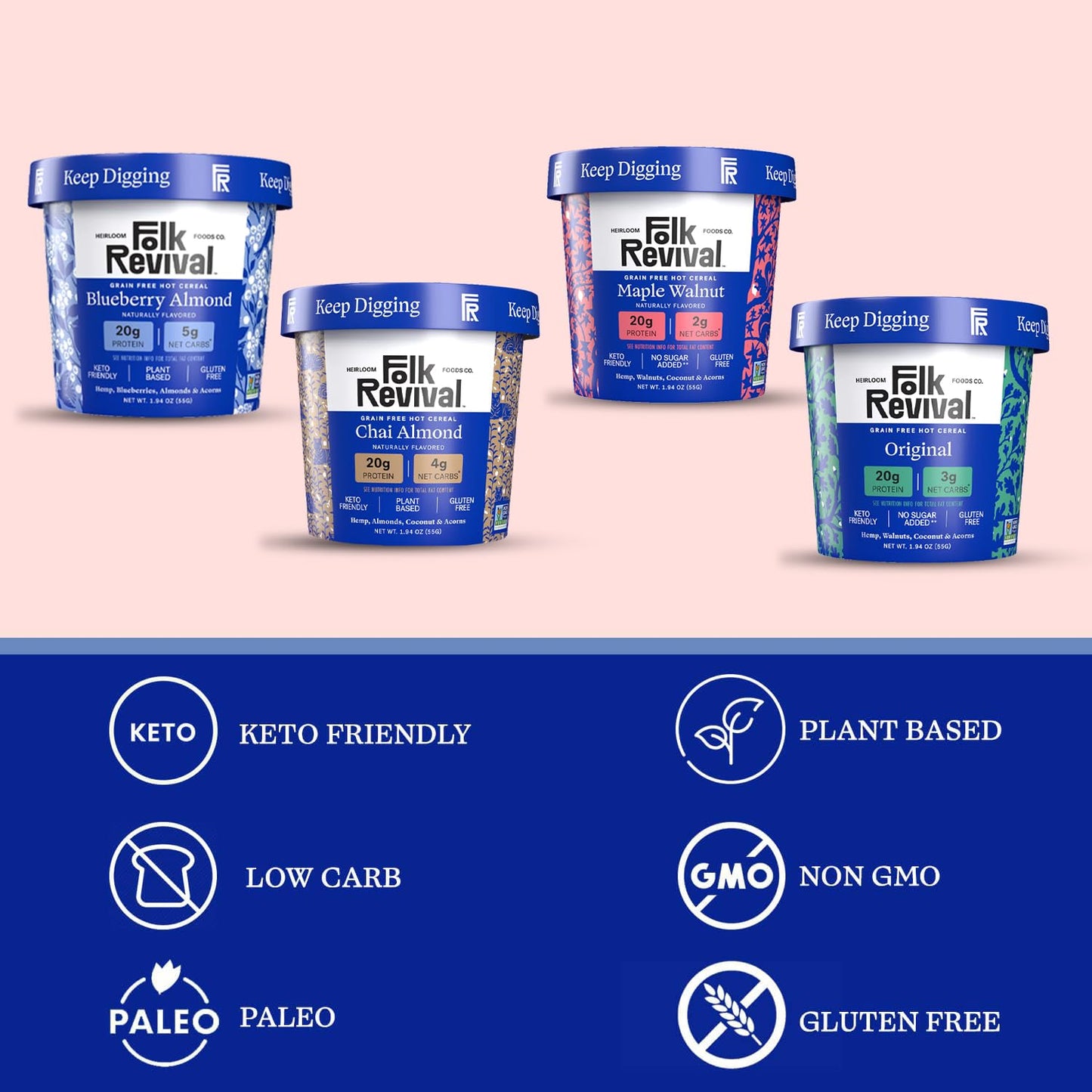 Folk Revival Keto Instant Oatmeal Variety Pack - 20G Of Protein, Low Carb, High Fiber, 2 Blueberry, 2 Maple Walnut, 1 Chai Almon