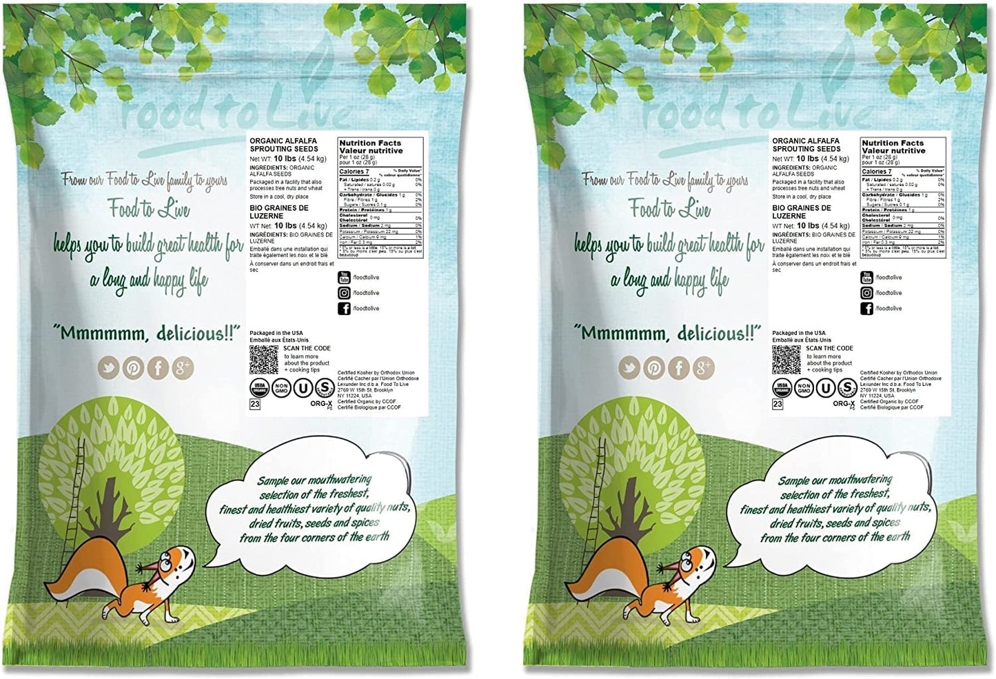 Food to Live Organic Alfalfa Seeds for Sprouting, Non-GMO, Vegan, 20 LB