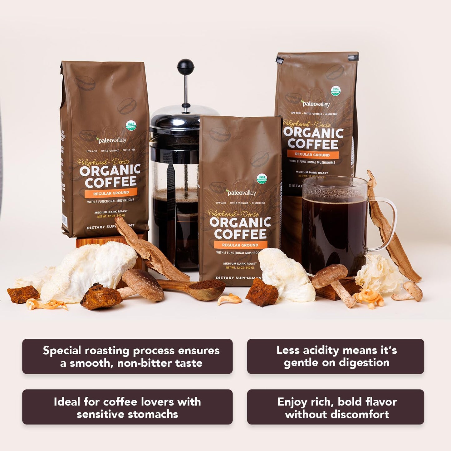 Paleovalley Organic Ground Coffee, 12oz - Low Acid, Single-Origin, Polyphenol-Rich, Mushroom & Coffee Fruit Infused