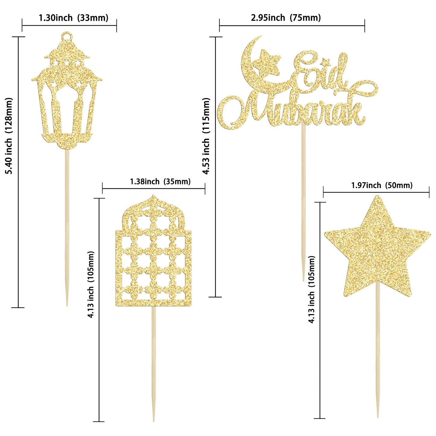 Gyufise 24Pcs Happy Eid Mubarak Cupcake Toppers Glitter Star Ramadan Kareem Cupcake Pick Moon Star Eid Islamic Muslim Theme Party Cake Decoration Supplies Gold