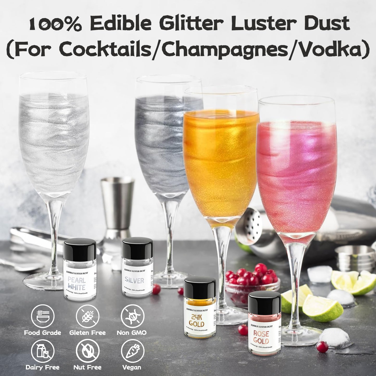 INOCERIS Luster Dust Set, Edible Glitter for Baking & Drinks, 3g, 4 Color Set