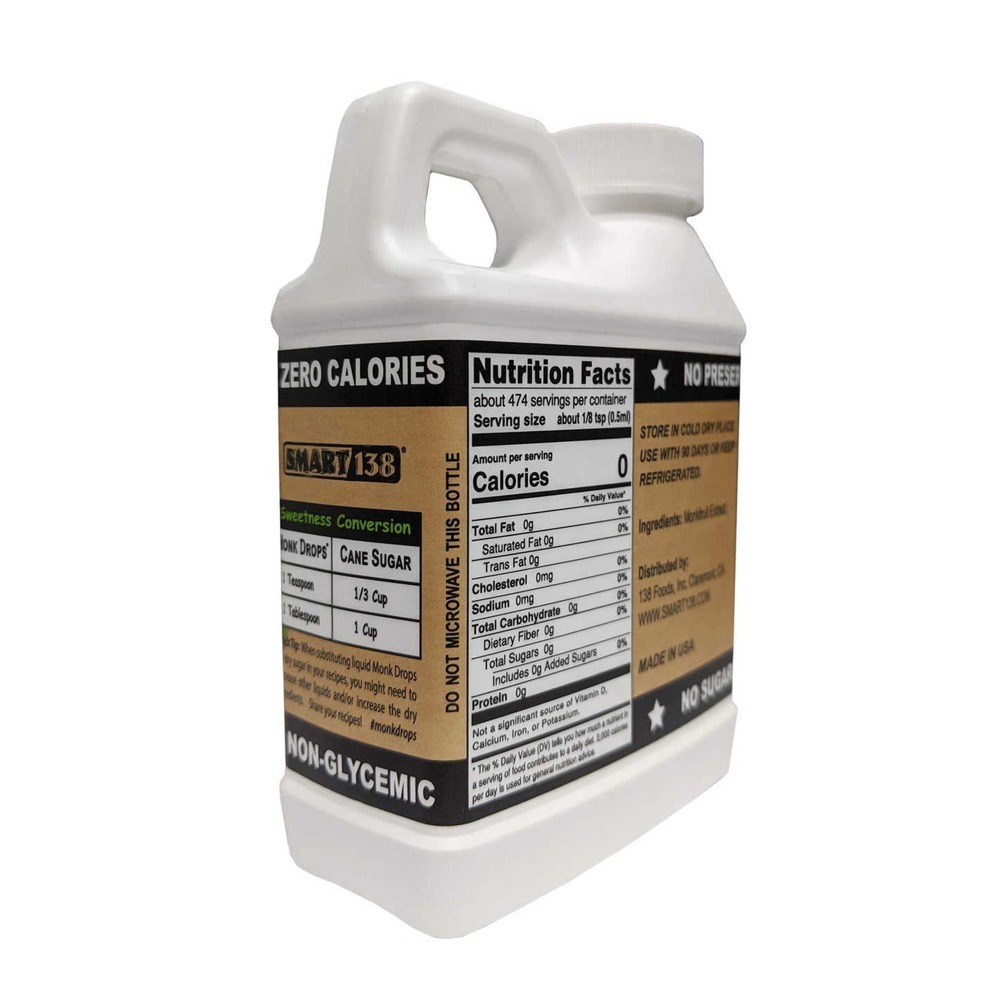 Smart138 Monk Drops Liquid Sweetener, Zero Calories, Zero Sugar, 8 Fl Oz Jug