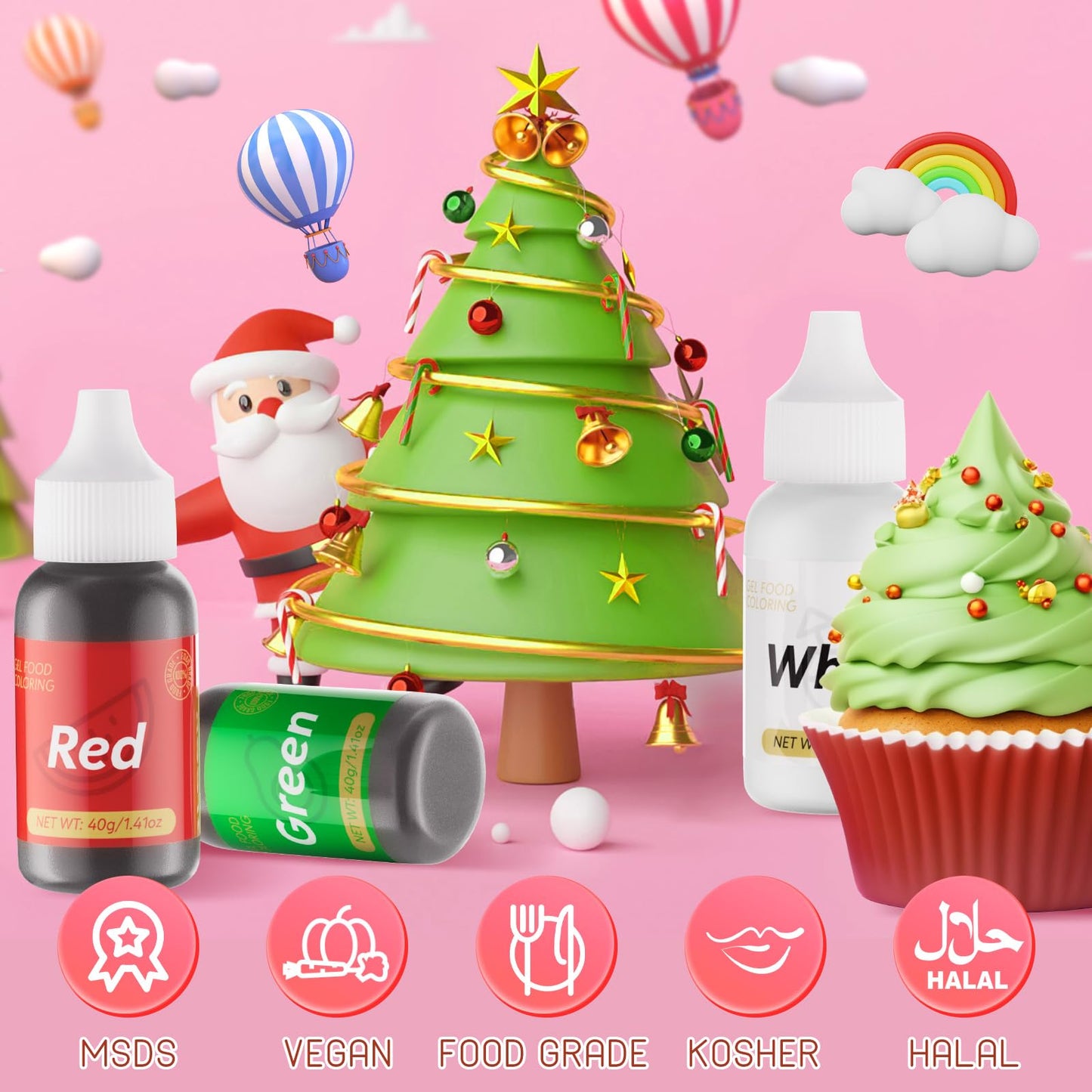 Gel Food Coloring For Cake Decorating - 3 Concentrated Assorted Food Color Edible Christmas Red Green White - Food Grade Dye For