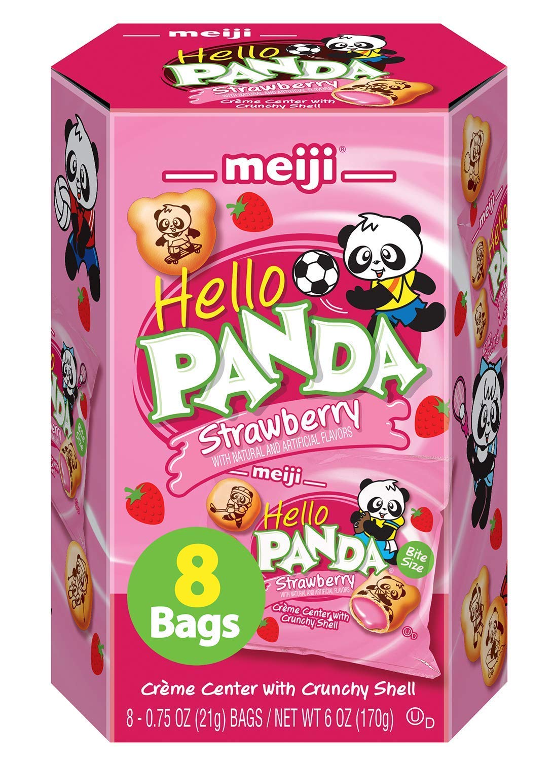 Meiji Hello Panda Cookies, Strawberry Crème Filled - 6 Oz, Pack Of 8, 64 Bags Total - Bite Sized Cookies With Fun Panda Sports