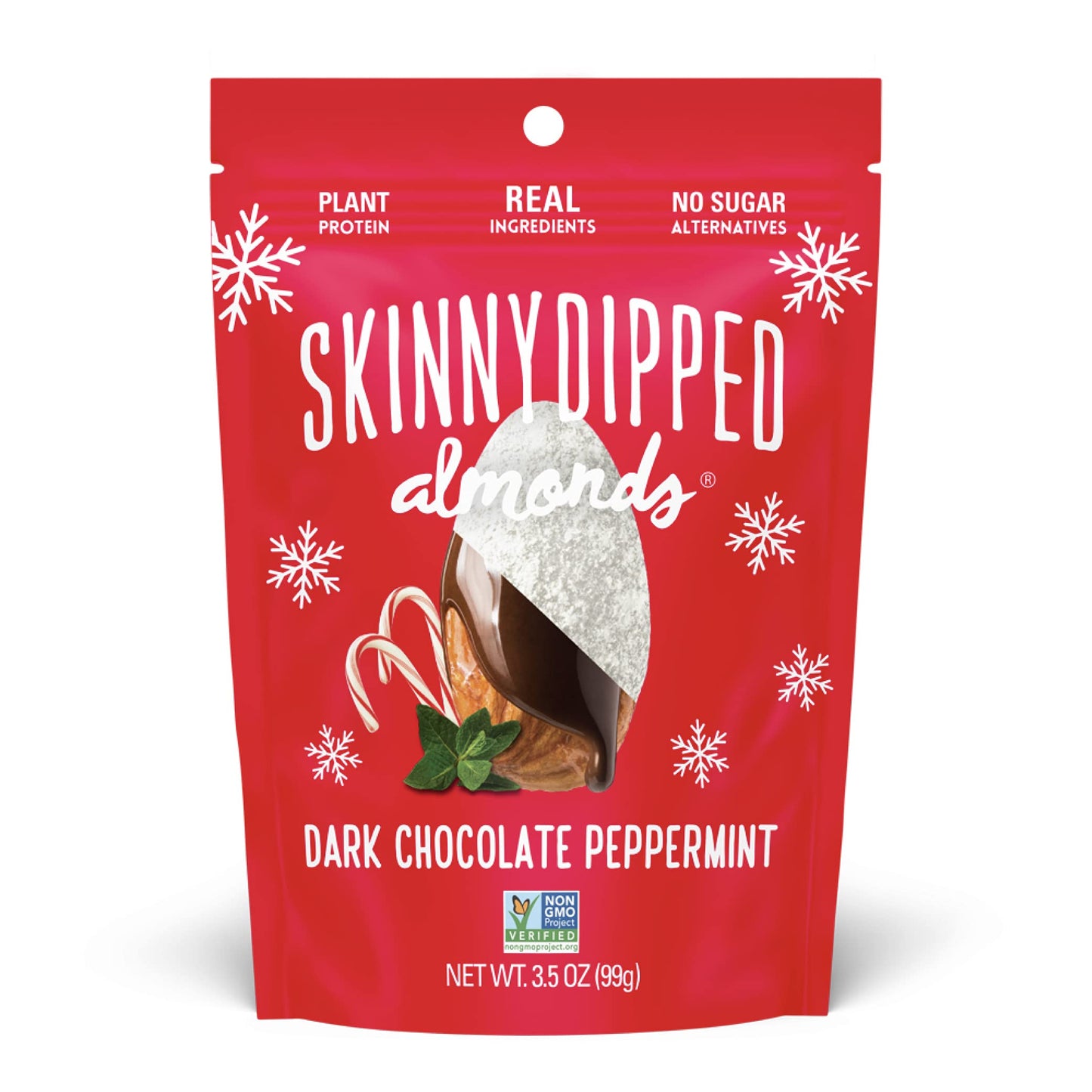 SKINNYDIPPED Dark Chocolate Peppermint Almonds, Healthy Snack, 3.5 oz Resealable Bag, Gluten Free, Plant Protein