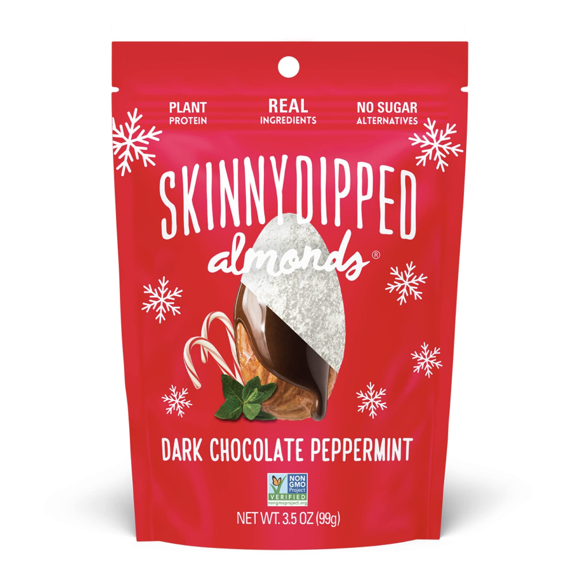 SKINNYDIPPED Dark Chocolate Peppermint Almonds, Healthy Snack, 3.5 oz Resealable Bag, Gluten Free, Plant Protein