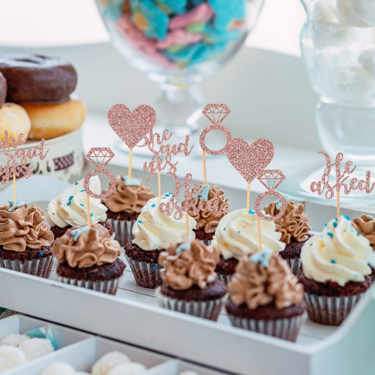 Donoter 48 Pcs Rose Gold He Asked She Said Yes Cupcake Toppers Diamond Ring Heart Cake Picks For Wedding Engagement Party Cake D