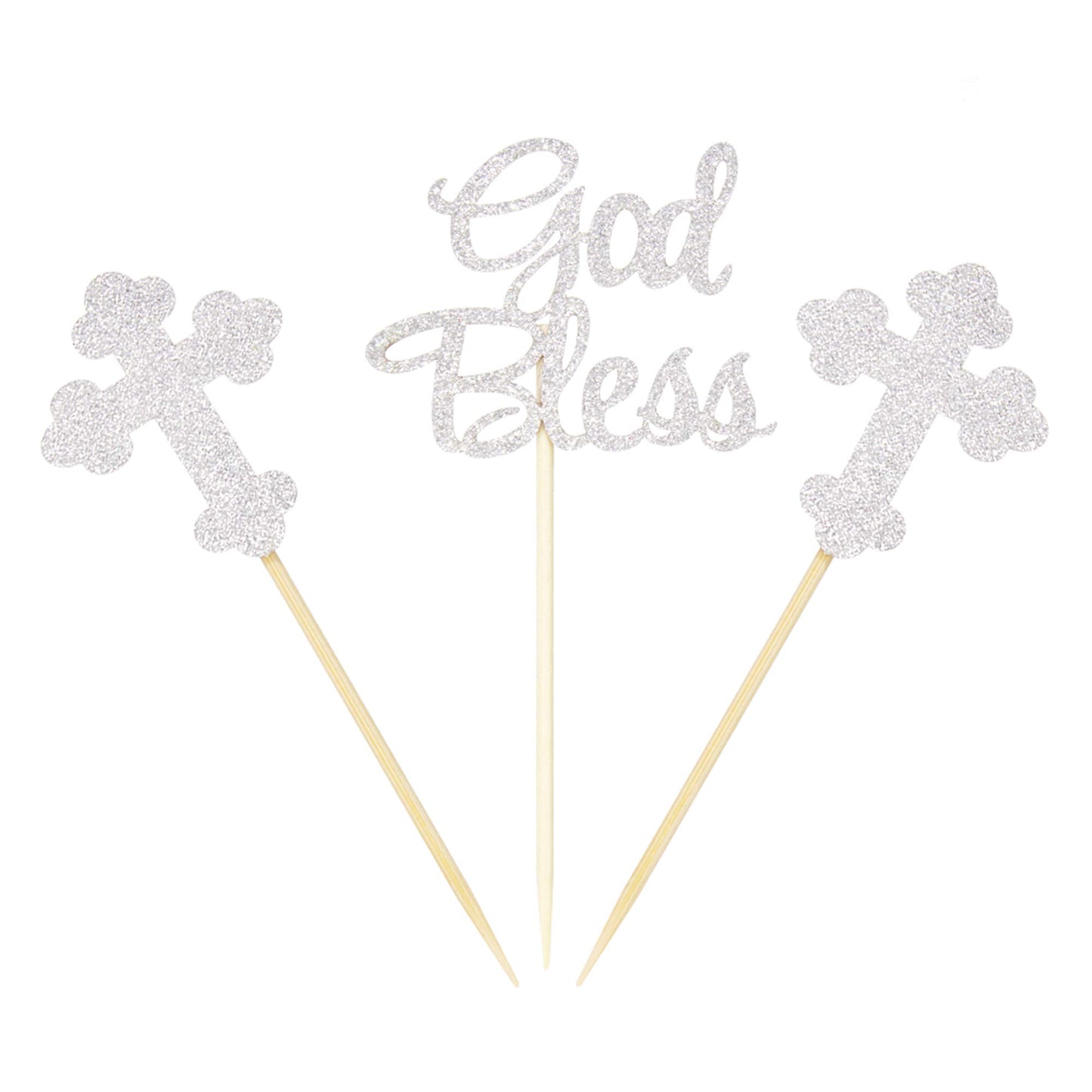 Ercadio Silver Glitter Cupcake Toppers, 24 Piece Set, Paper, Christian Party Decoration