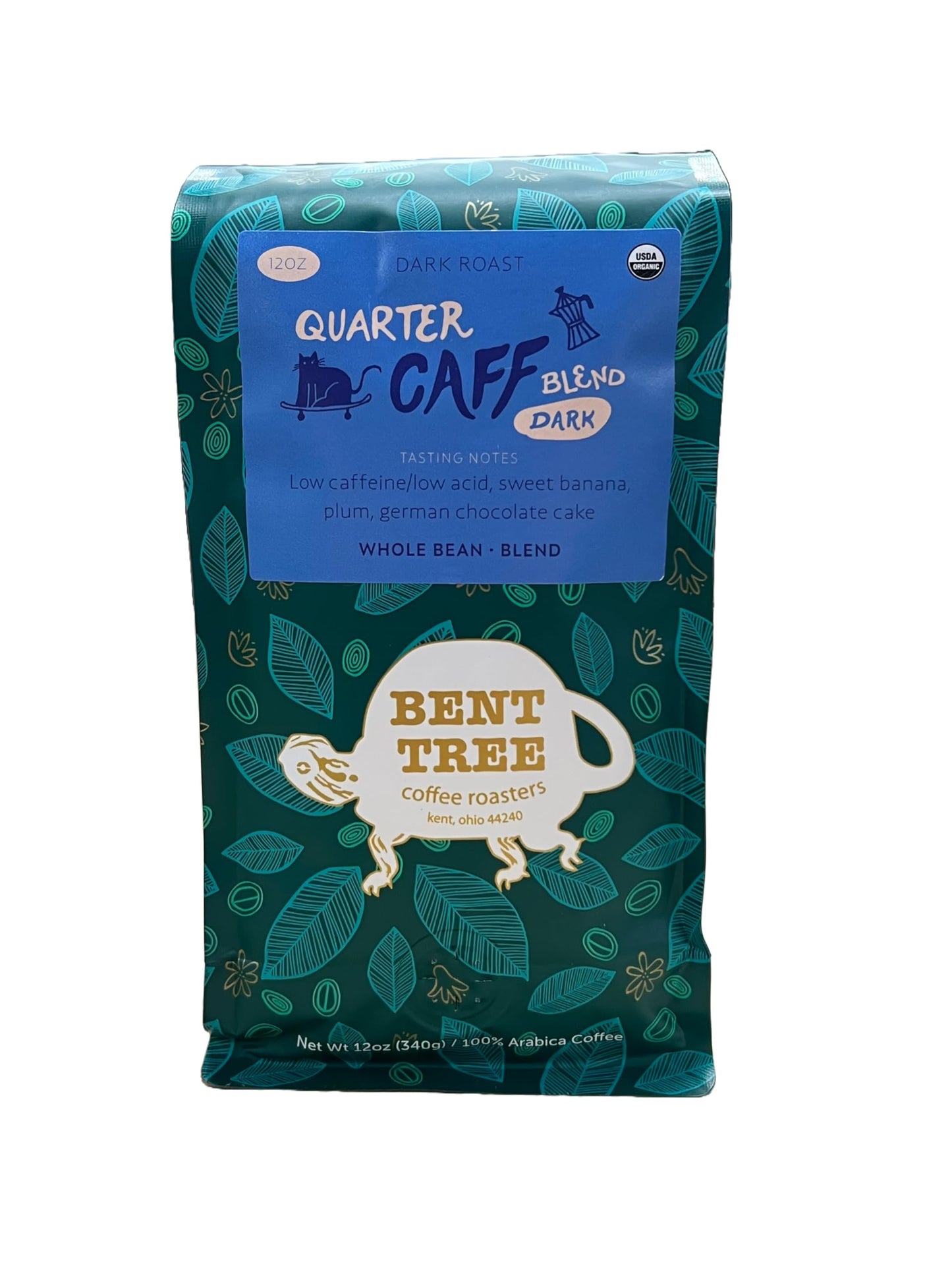 Bent Tree Coffee Roasters Organic Whole Bean Coffee, Quarter Caff Blend, Dark Roast, 12oz, Low Caffeine, USDA Organic