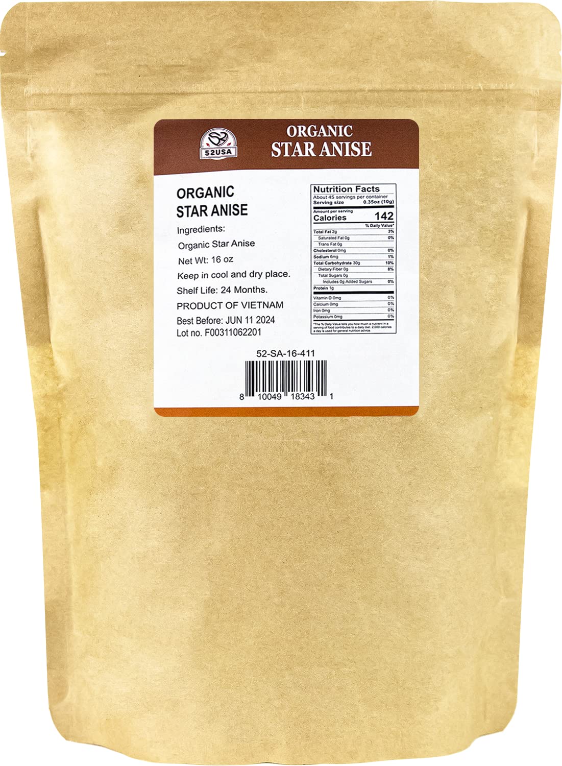 52USA Organic Star Anise, 16 Ounce (Pack of 1), NON-GMO Verified Chinese Star Anise Whole, Dried Star Anise Pods for Tea and bak