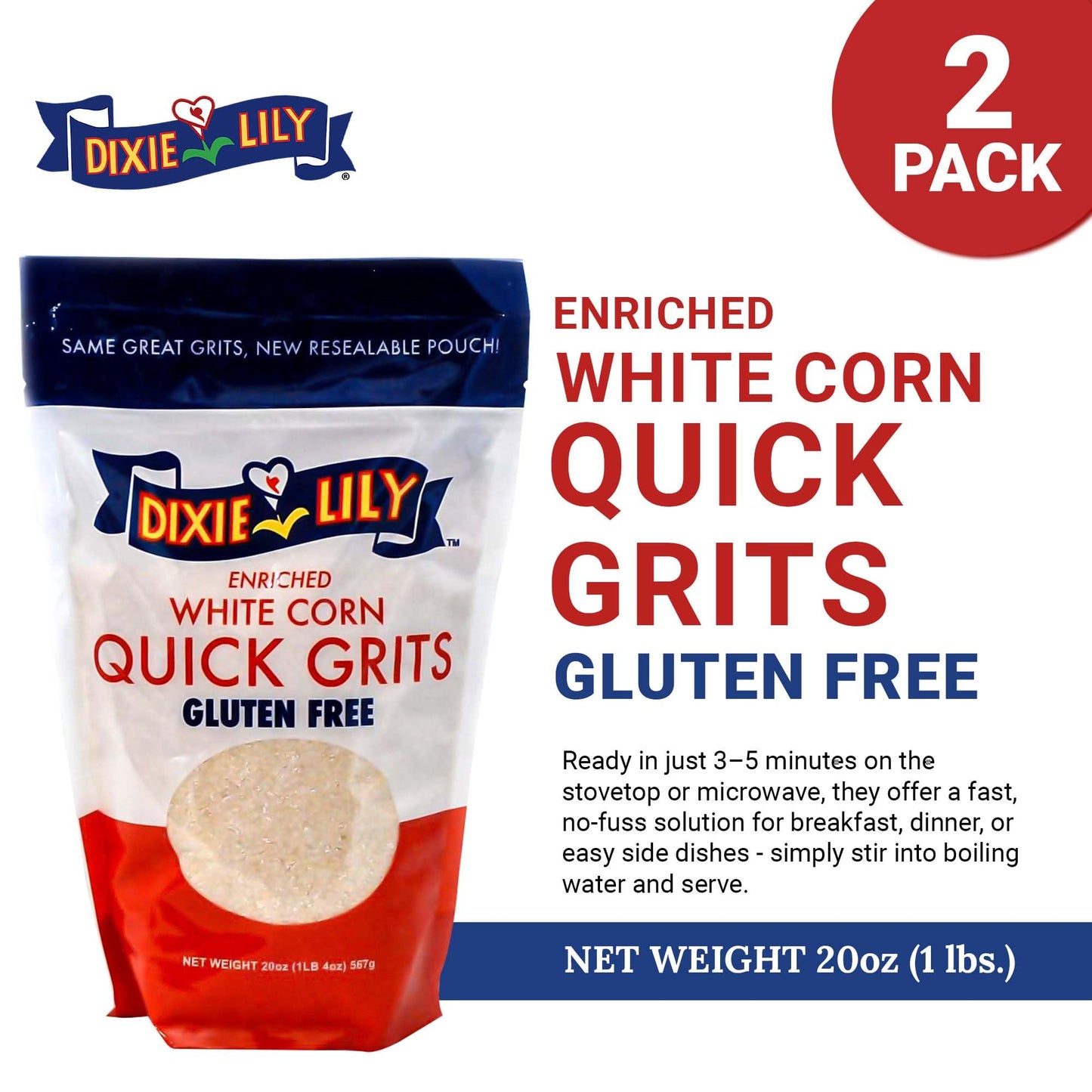 Dixie Lily White Corn Grits - Enriched With Iron, Niacin, Thiamine, Riboflavin - Classic Southern Taste - Certified Non-GMO - 2-