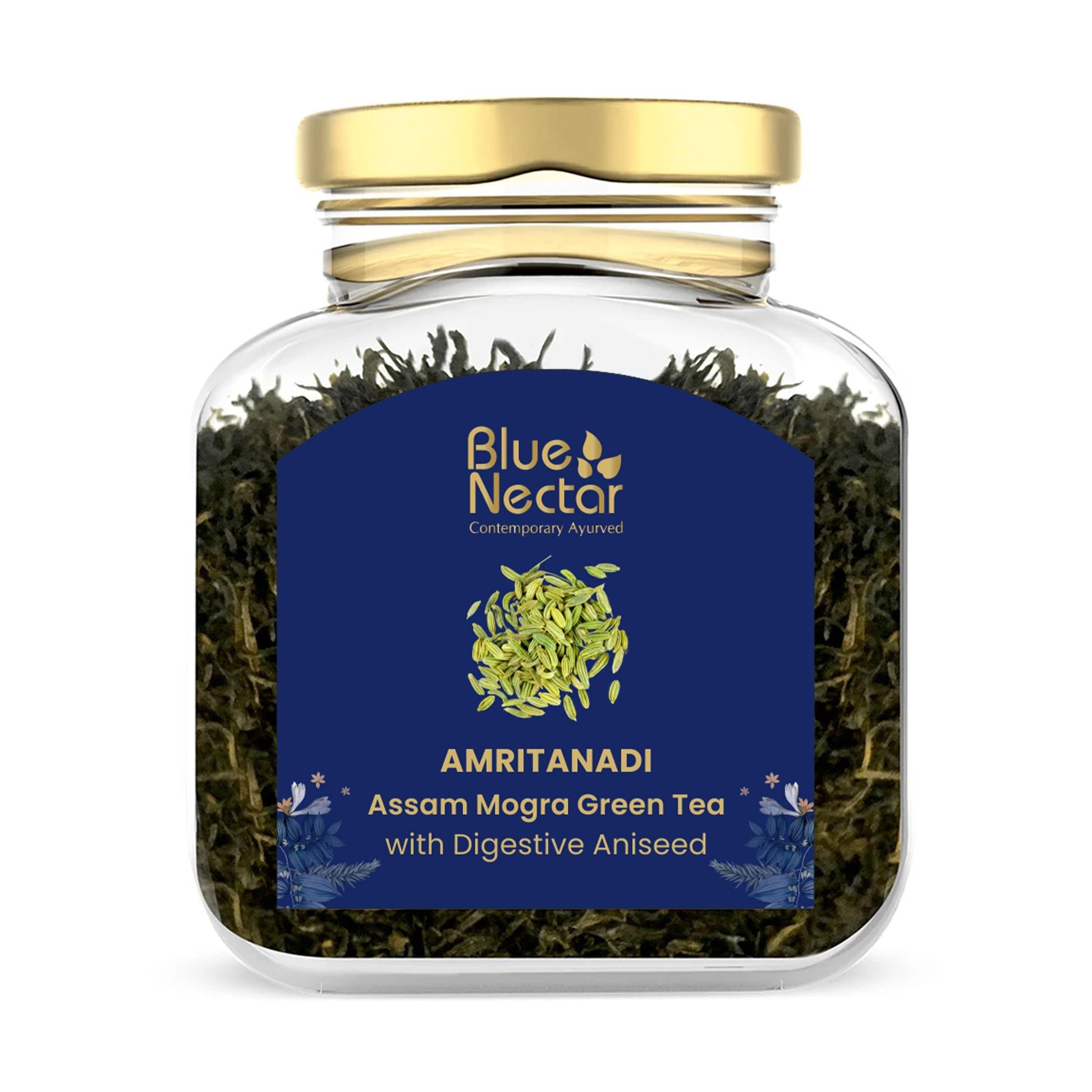 Blue Nectar Aniseed Green Tea Leaves | Supports Digestion | Reusable Glass Jar | Natural Green Tea Loose (50 Gm + 15 Gm Free)