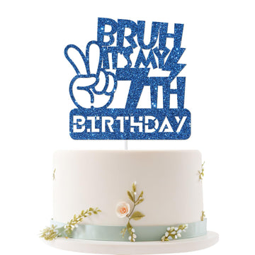 Embhhor Bruh It's My 7th Birthday Cake Topper, Ddue Bro I'm 7, Kid Boys Happy 7th Birthday Party Cake Decorations, Blue Glitter 