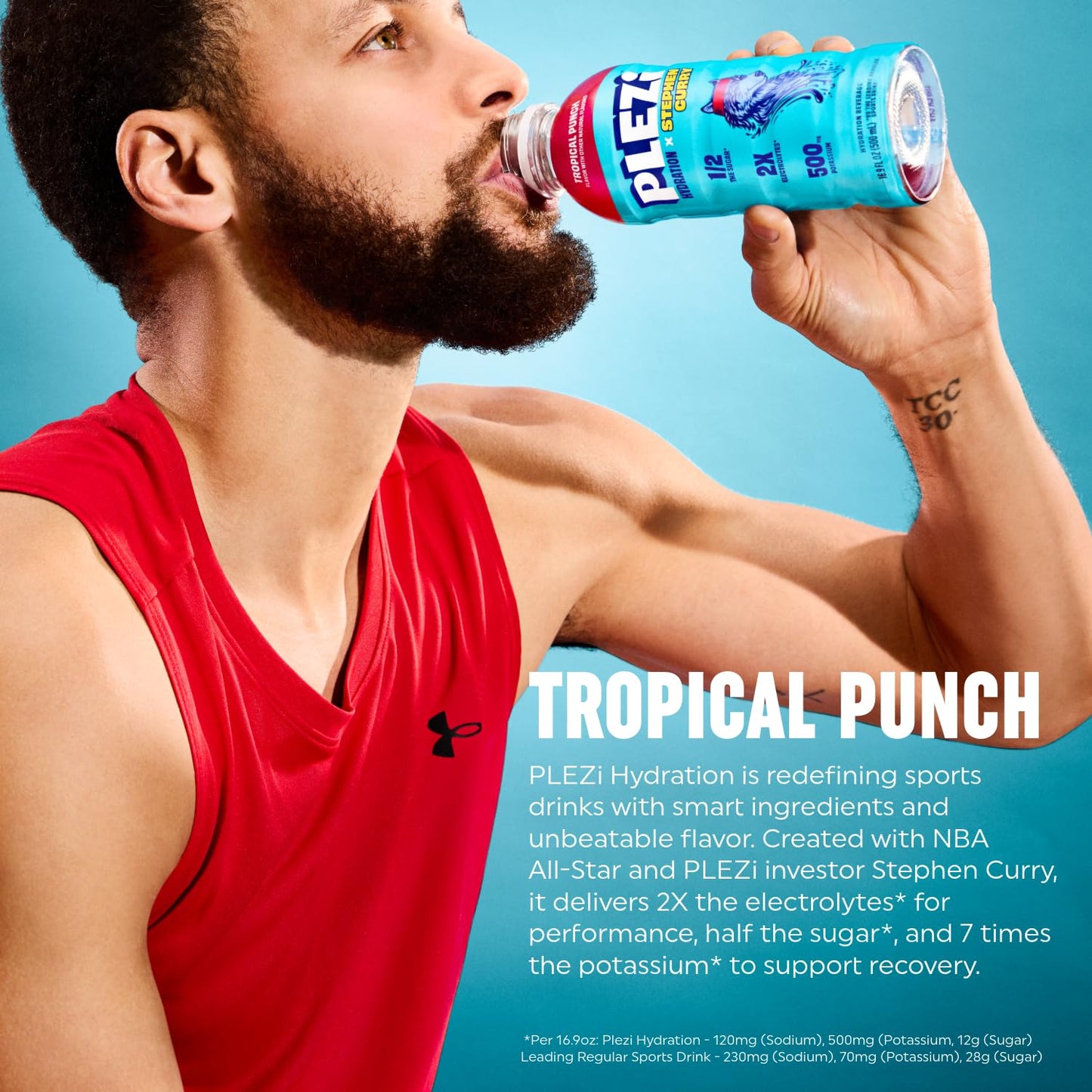 PLEZi Tropical Punch Hydration Drink x Stephen Curry - Sports Drinks with 2X the Electrolytes - 500mg Potassium, Low Sugar, No A