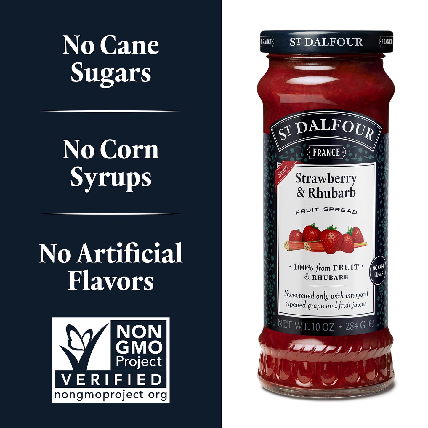 St. Dalfour Strawberry & Rhubarb Fruit Spread - 10Oz - 100% From Fruit & Rhubarb, No Artificial Ingredients, Non-Gmo, No Cane Su