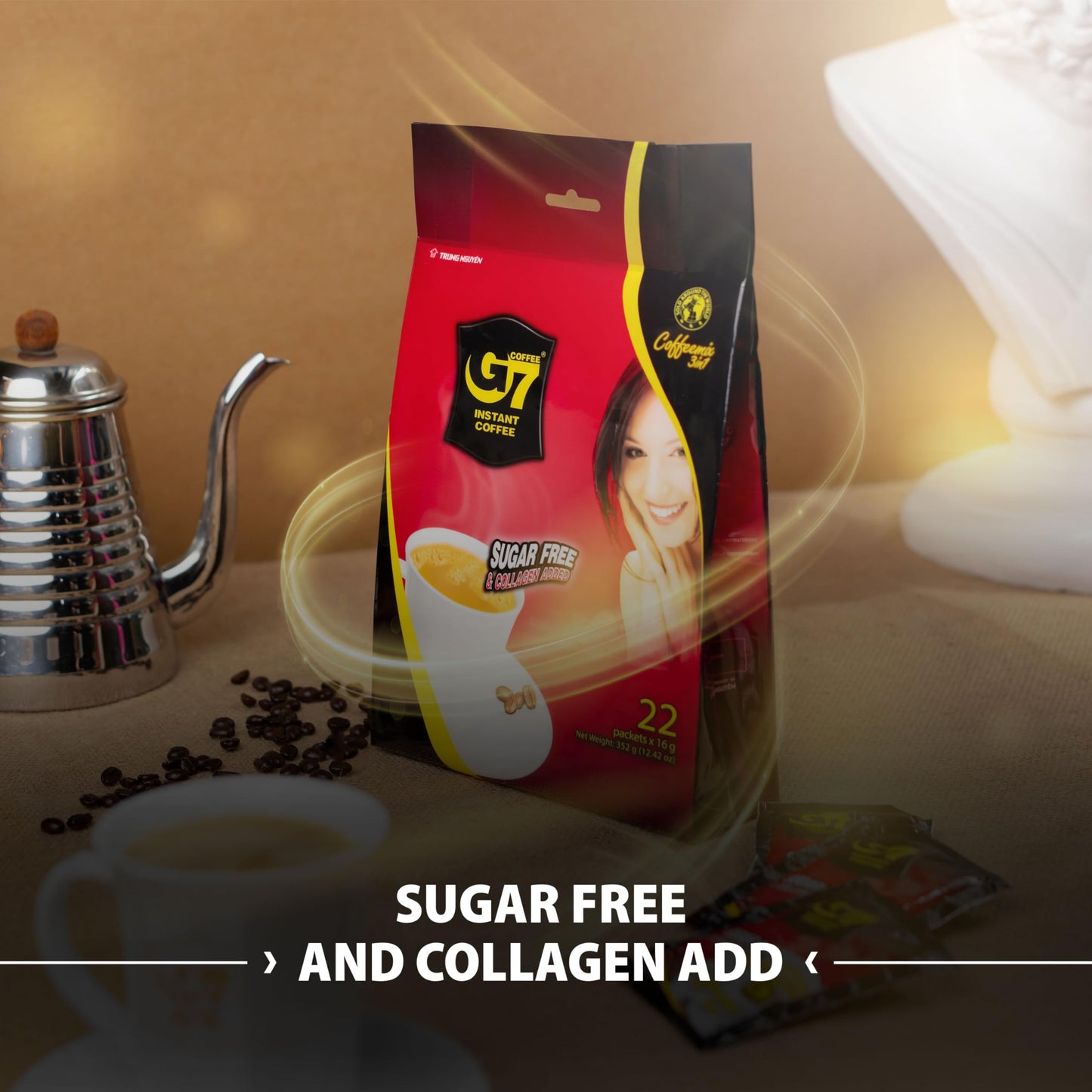 Trung Nguyen G7 3-In-1 Collagen Added & Sugar Free Instant Coffee For Energy Boost - Collagen Added, Low Caffein & Diet Sugar -