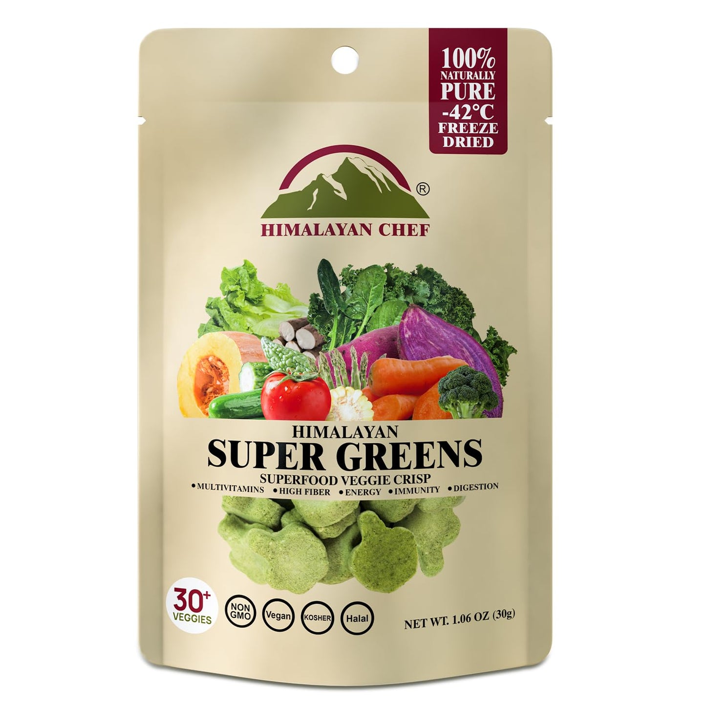 Himalayan Chef Veggie Crisp Freeze-Dried Snack, 30g, Organic Green Veggie Mix, Protein-Rich, Gluten-Free, Pack of 1