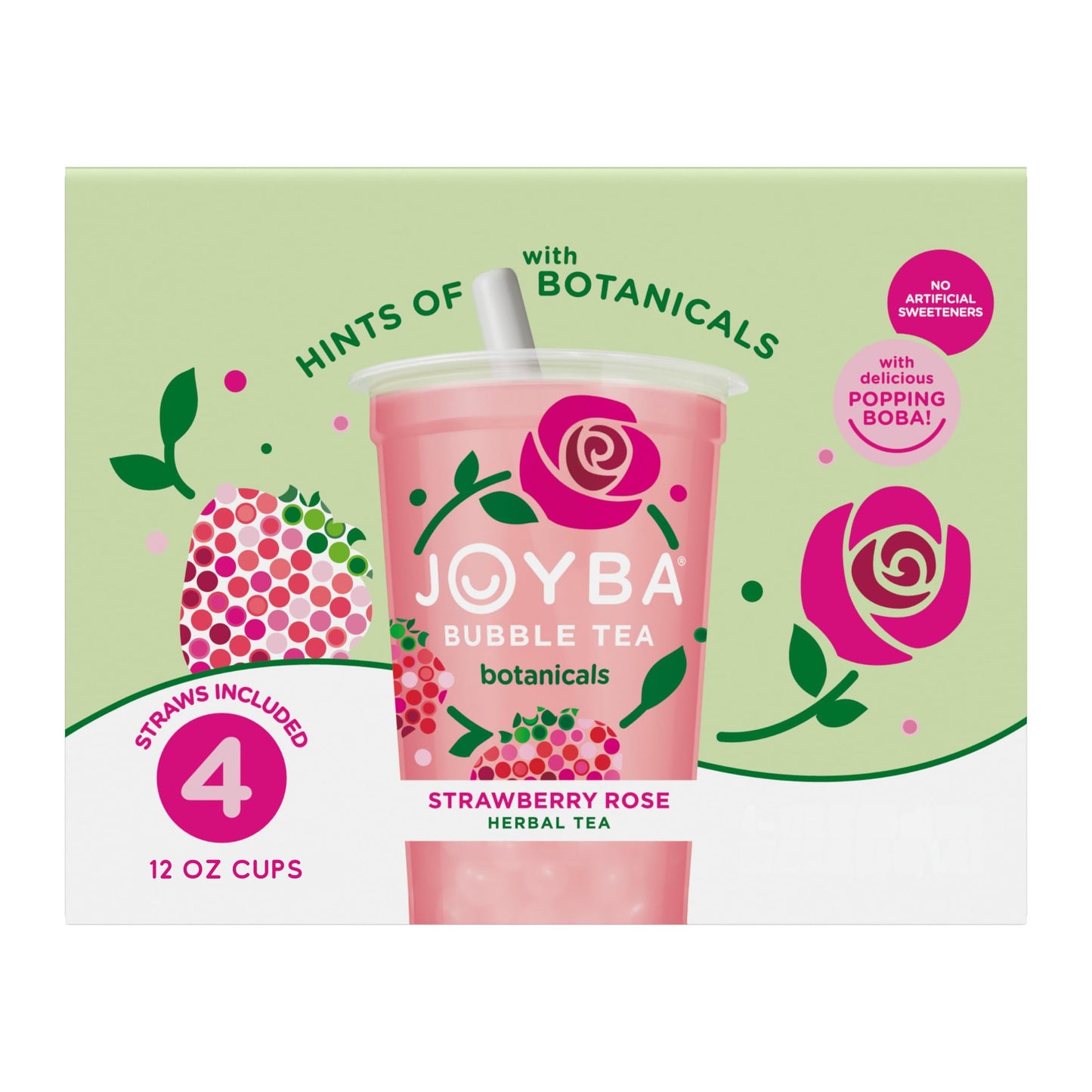 JOYBA Strawberry Rose Bubble Tea, 12 fl. oz. Cups, 4 Pack, Botanicals Infused