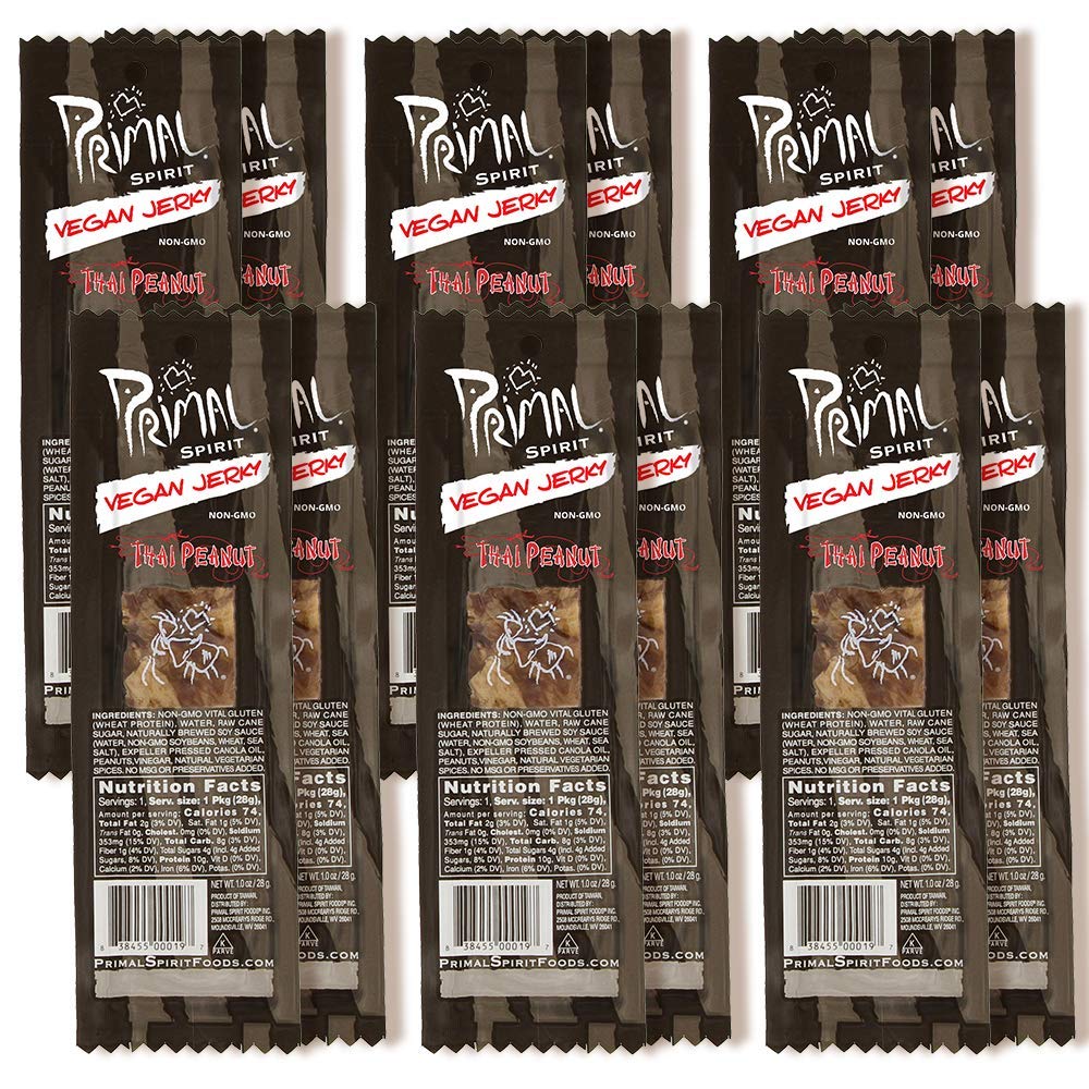 Primal Spirit Vegan Jerky Classic Flavor Thai Peanut, 1 oz (Pack of 12), Plant-Based Protein, Certified Non-GMO, No Preservatives
