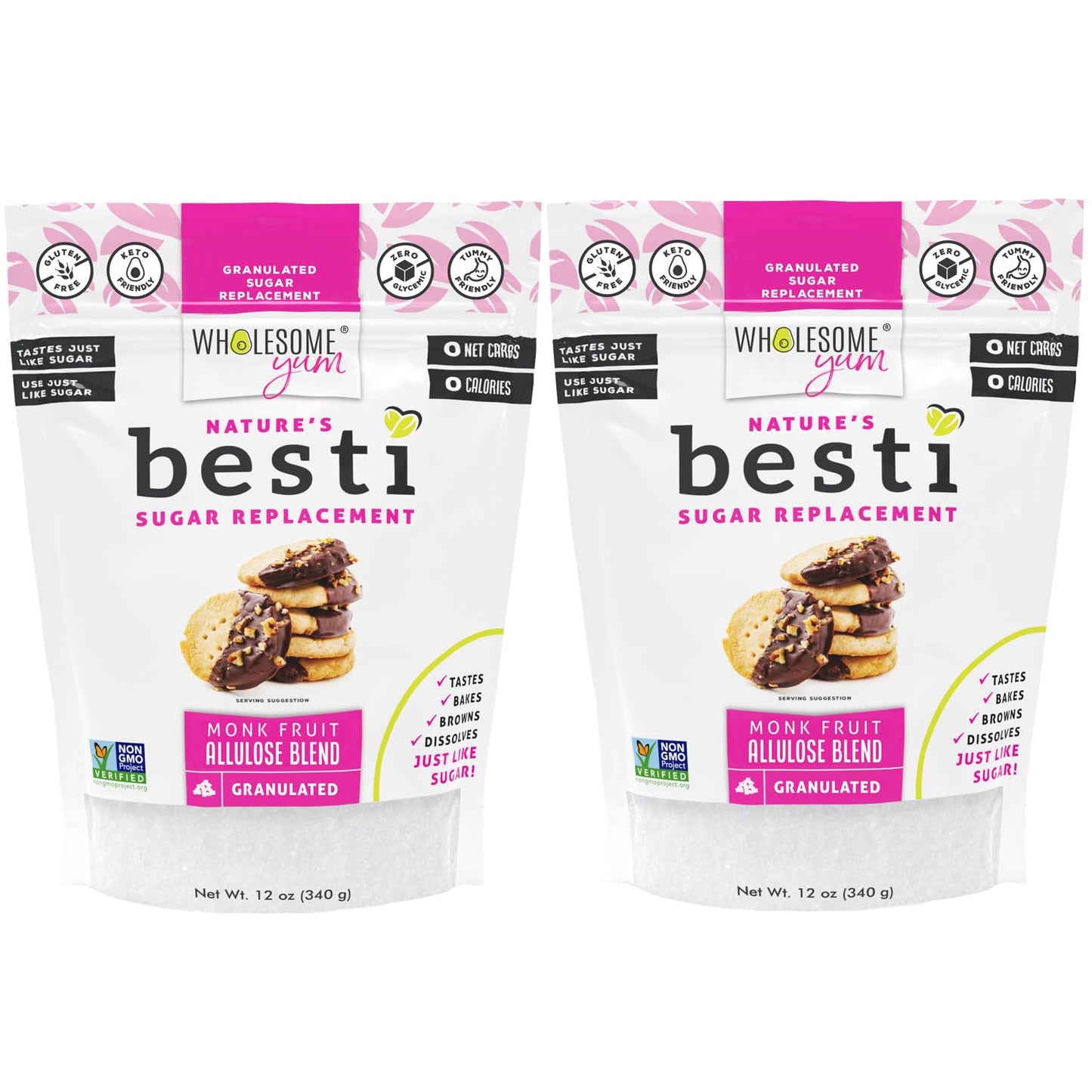 Wholesome Yum Besti Natural Sugar Substitute - Keto Granulated Monk Fruit Sweetener Blend With Allulose (No Erythritol) - Non GMO  Zero Calorie  Zero Carb  Sugar Free  No Aftertaste (12 oz  2 Pack)