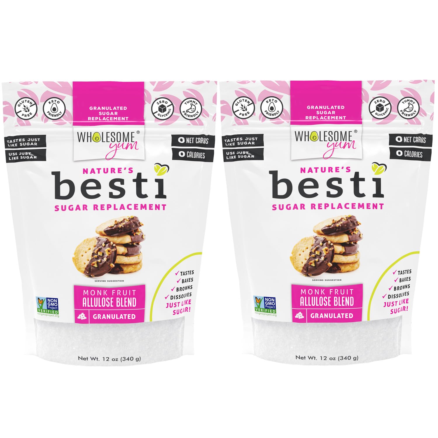 Wholesome Yum Besti Natural Sugar Substitute - Keto Granulated Monk Fruit Sweetener Blend With Allulose (No Erythritol) - Non GMO  Zero Calorie  Zero Carb  Sugar Free  No Aftertaste (12 oz  2 Pack)
