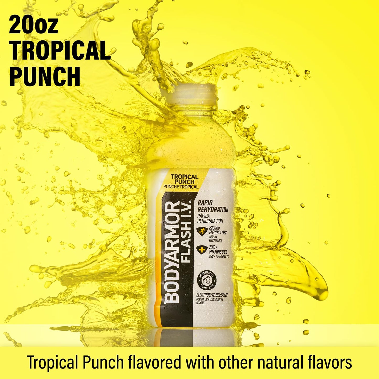 Bodyarmor Flash I.V. Electrolyte Beverage, Tropical Punch, Hydration Drink With Coconut Water For Rapid Rehydration, Post Workout Recovery, 20 Fl Oz (Pack Of 12)