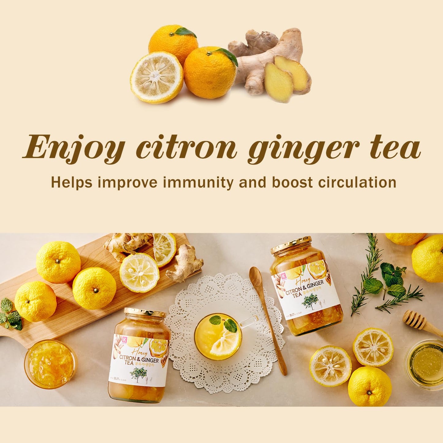 KPANTRY Honey Citron & Ginger Tea - Korean Marmalade with Chemical-free and Fresh Yuzu Citron 35.27 oz 2 Pack - Ginger, and Sund