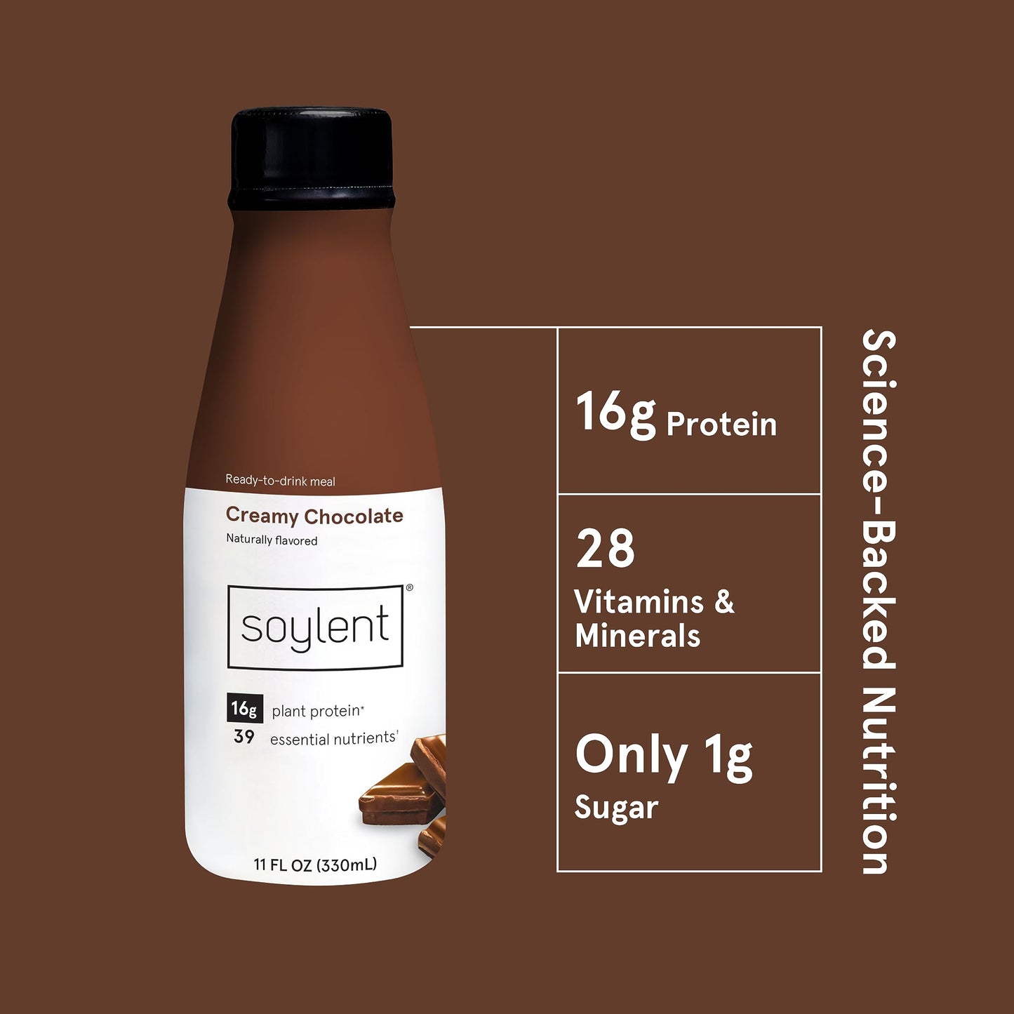 Soylent Chocolate Meal Replacement Shake, Contains 16g Complete Vegan Protein, Ready-to-Drink, 11oz, 24 Pack