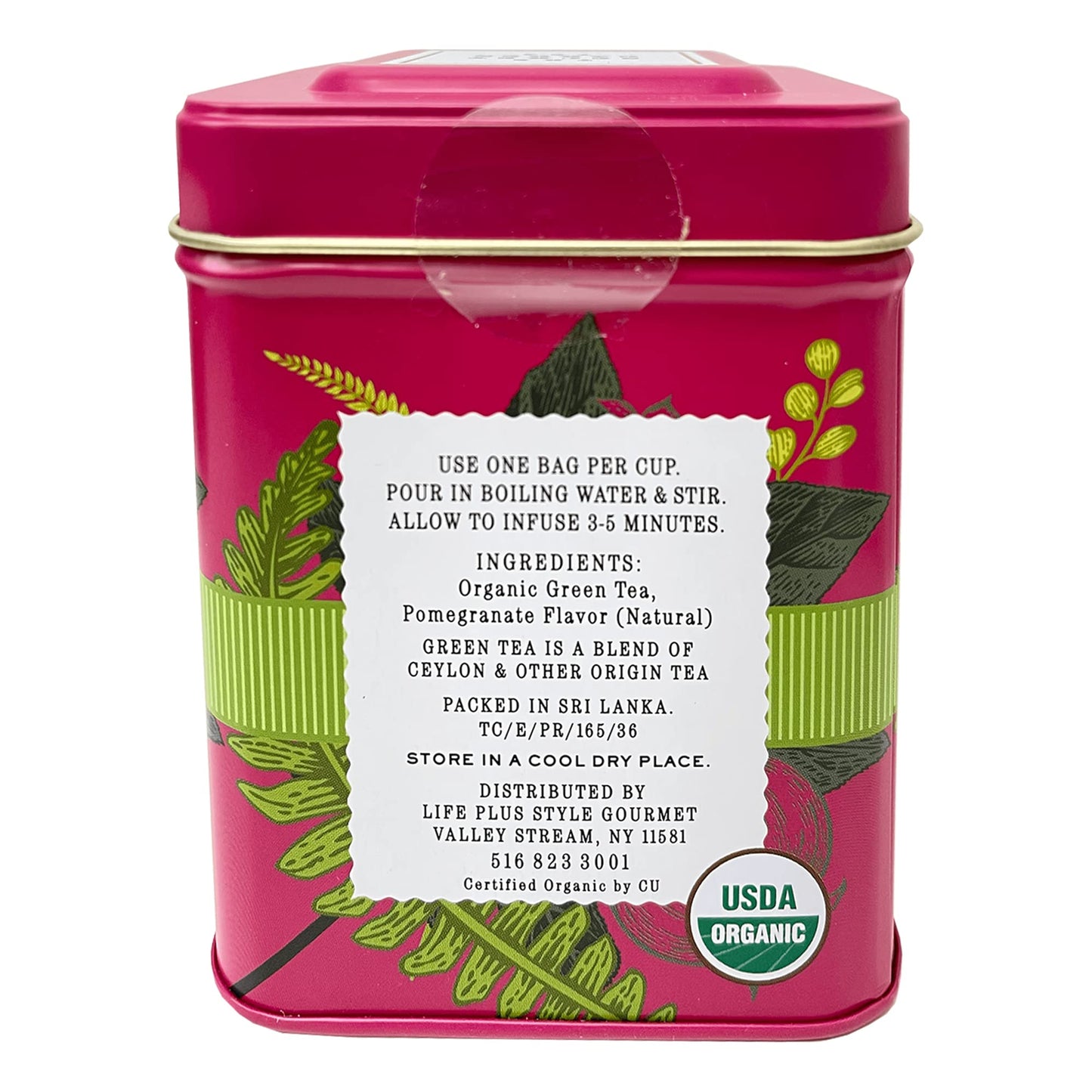Organic Pomegranate Ceylon Green Tea - 50 Packets - Natural Antioxidant Rich Herbal Leaf Teabags - Usda Certified 100% Non-Gmo -