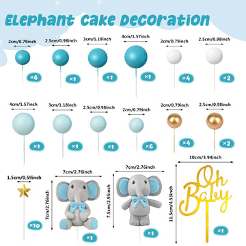 43 Pcs Blue Elephant Cake Decoration Cute Baby Elephant Cake Decorations Oh Baby Cake Topper Star Cake Topper Blue Pearl Balls C