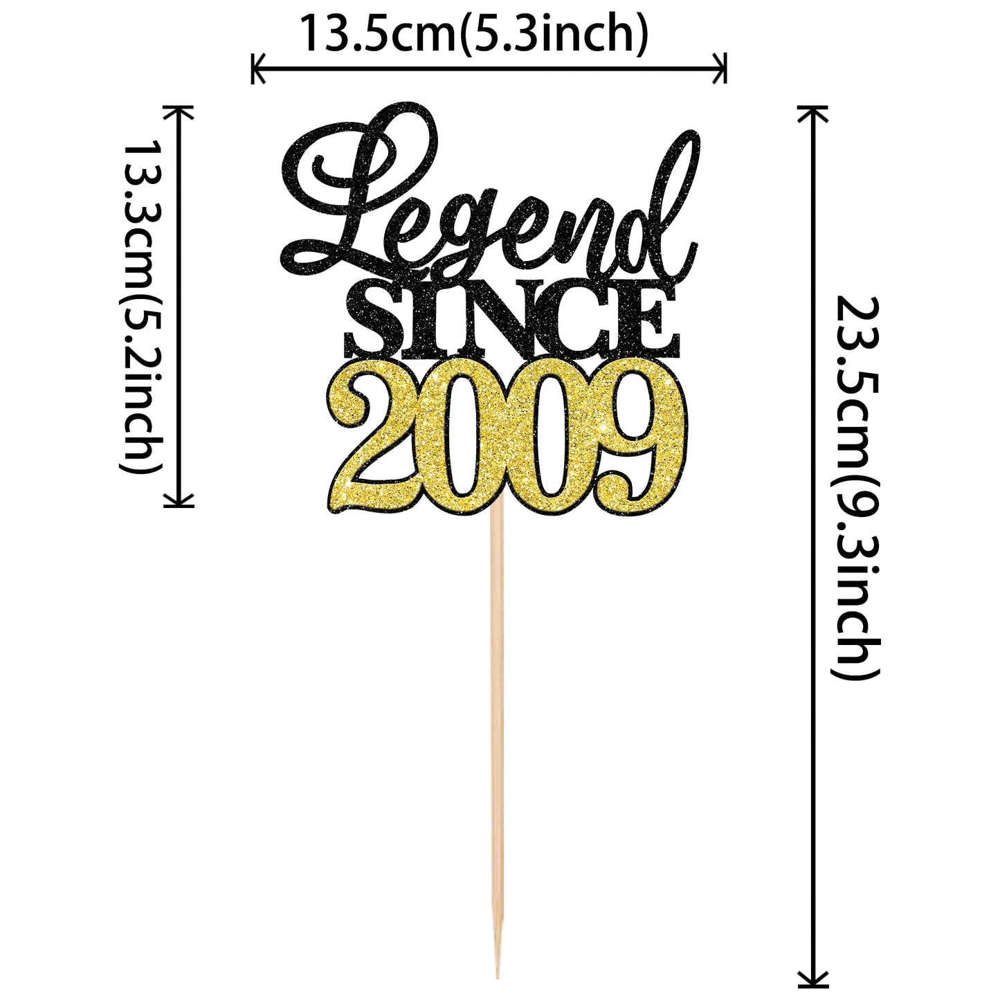 Rssta i Cake Topper Glitter 16th Birthday Decoration, Black Gold, Happy Since 2009, Suitable for Parties and Anniversaries