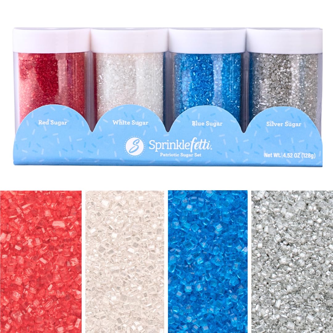Sweets Indeed 4th of July Decorating Sugar 4-Pack Set - Red White Blue and Silver Sanding Sugar for Baking & Decorating Cupcakes
