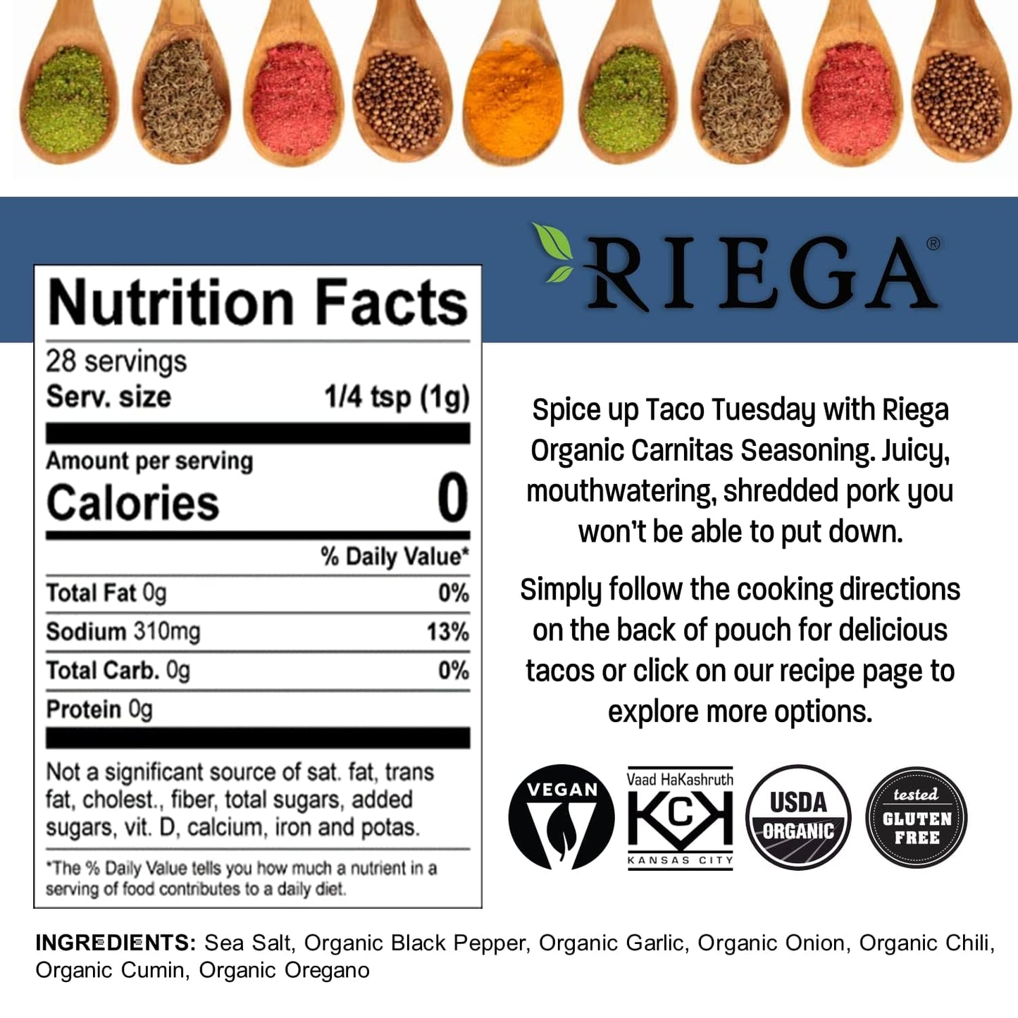 Riega Organic Carnitas Street Taco Seasoning, Perfect Mix For Authentic Slow Cooker Shredded Pork Carnitas 1 Ounce (Pack Of 8)