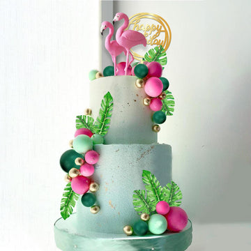 Flamingo Cake Toppers Summer Cake Decorations With Palm Leaf Cake Toppers Green Hot Pink Pearl Ball Cake Toppers For Tropical Ha