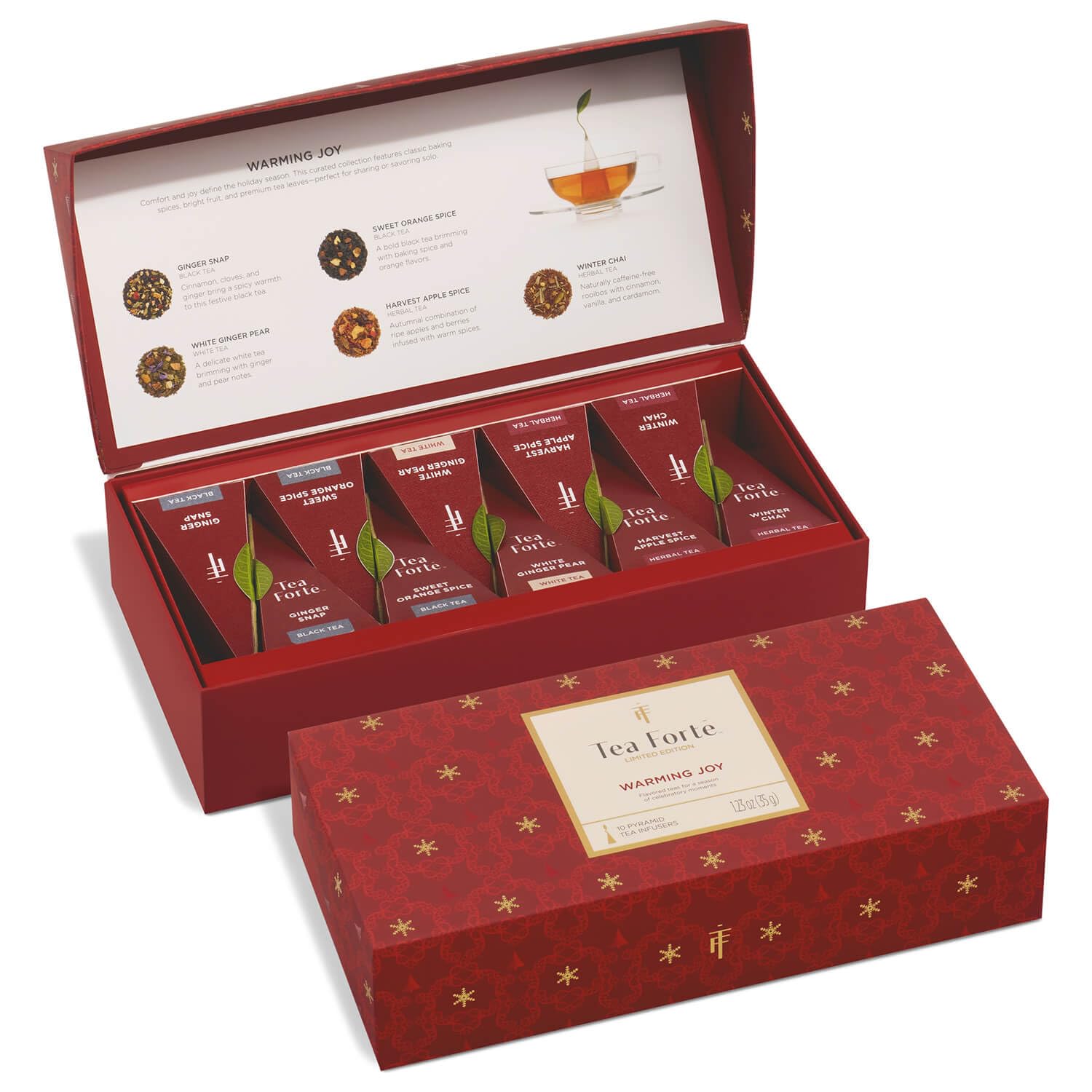 Tea Forte Warming Joy Holiday Enhanced Petite Presentation Box Gift Set Sampler, 10 Count, 2 Of Each Blend Individually Wrapped Handcrafted Pyramid Infuser Bags