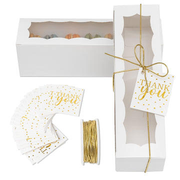Macaron Boxes | Set of 25 White Treat Boxes with Window w/Thank You Tags & 16Y Ribbon | Macaron Packaging | Chocolate Covered St